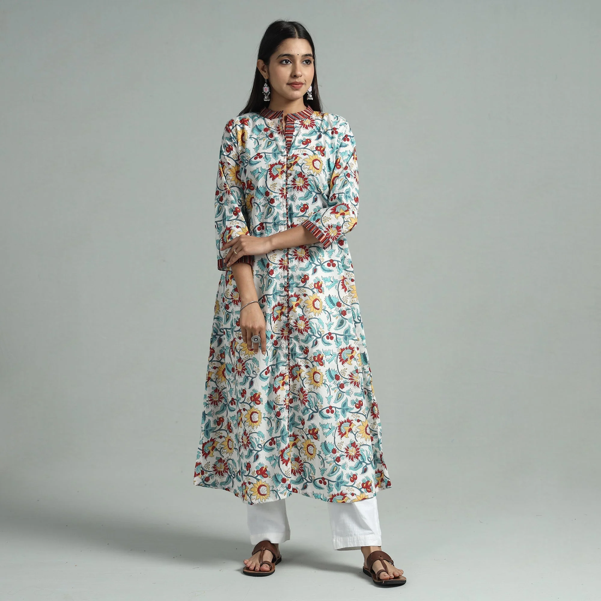 Blue - White - Sanganeri Block Printed Cotton A-Line Kurta - Image 3