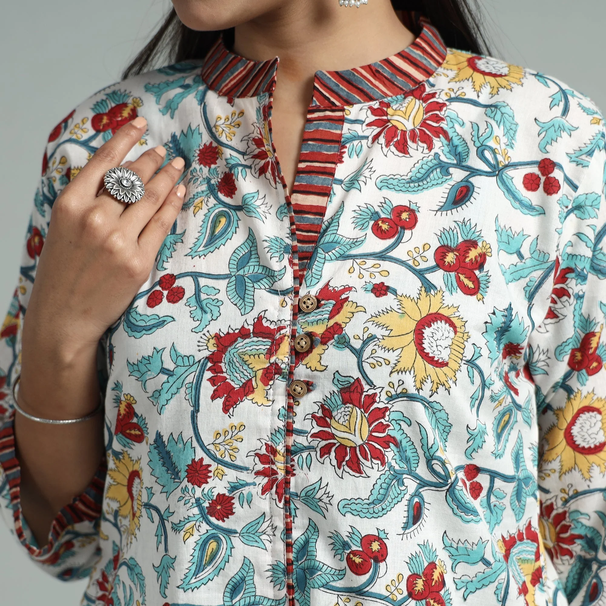 Blue - White - Sanganeri Block Printed Cotton A-Line Kurta - Image 4