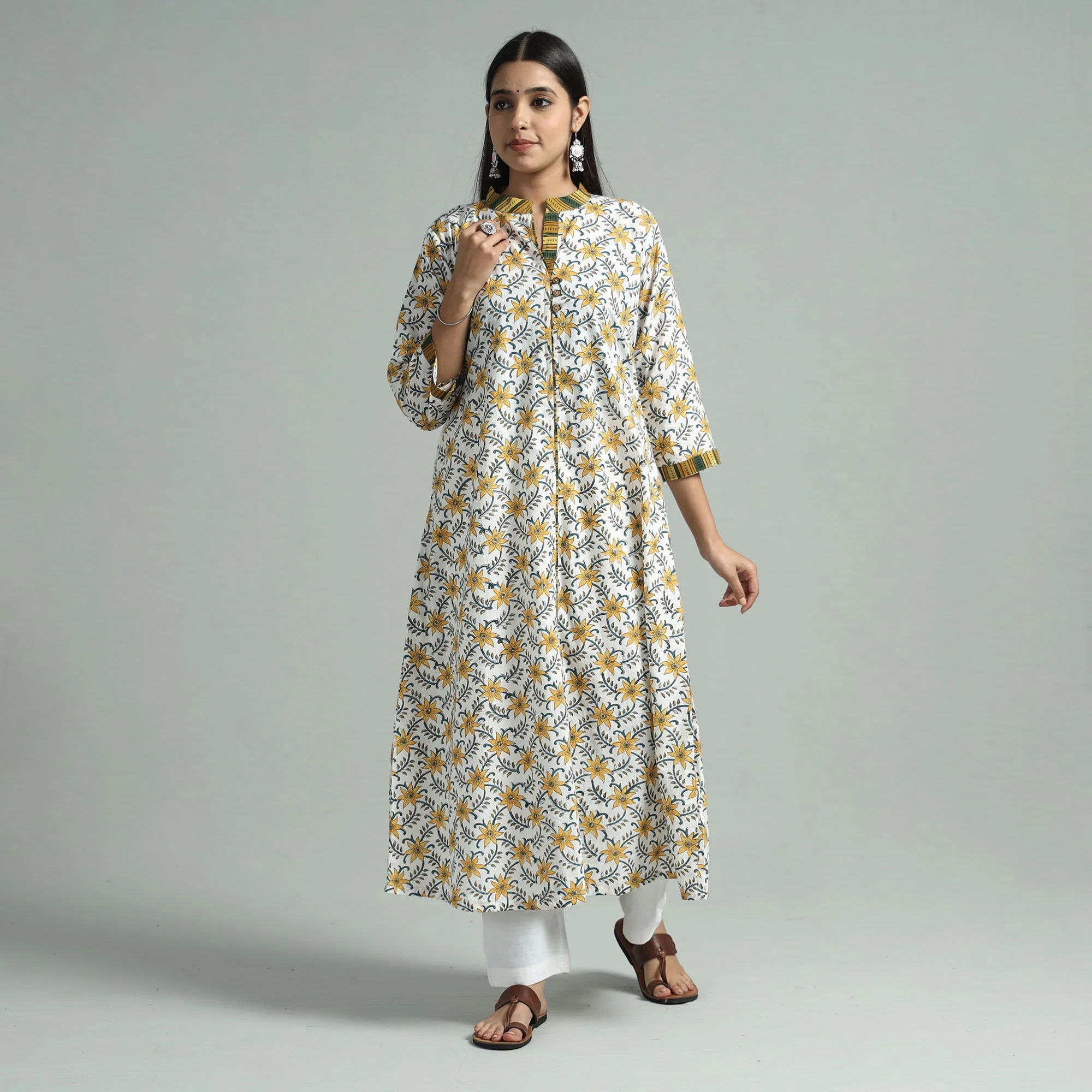 Yellow - White - Sanganeri Block Printed Cotton A-Line Kurta - Image 2