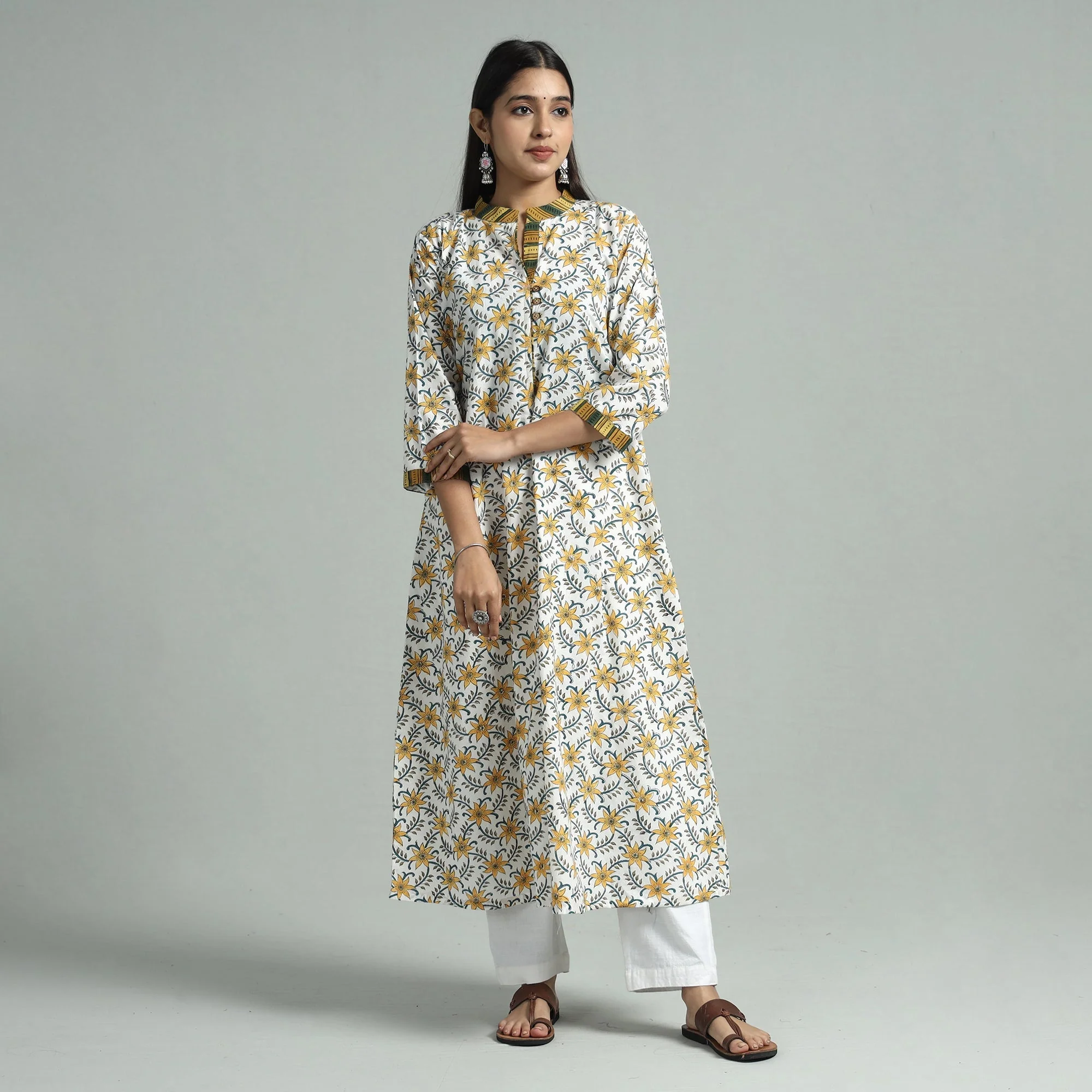 Yellow - White - Sanganeri Block Printed Cotton A-Line Kurta - Image 3