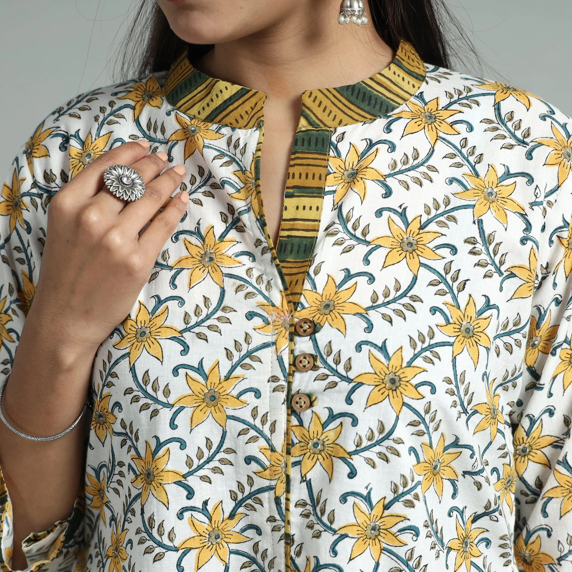 Yellow - White - Sanganeri Block Printed Cotton A-Line Kurta - Image 4