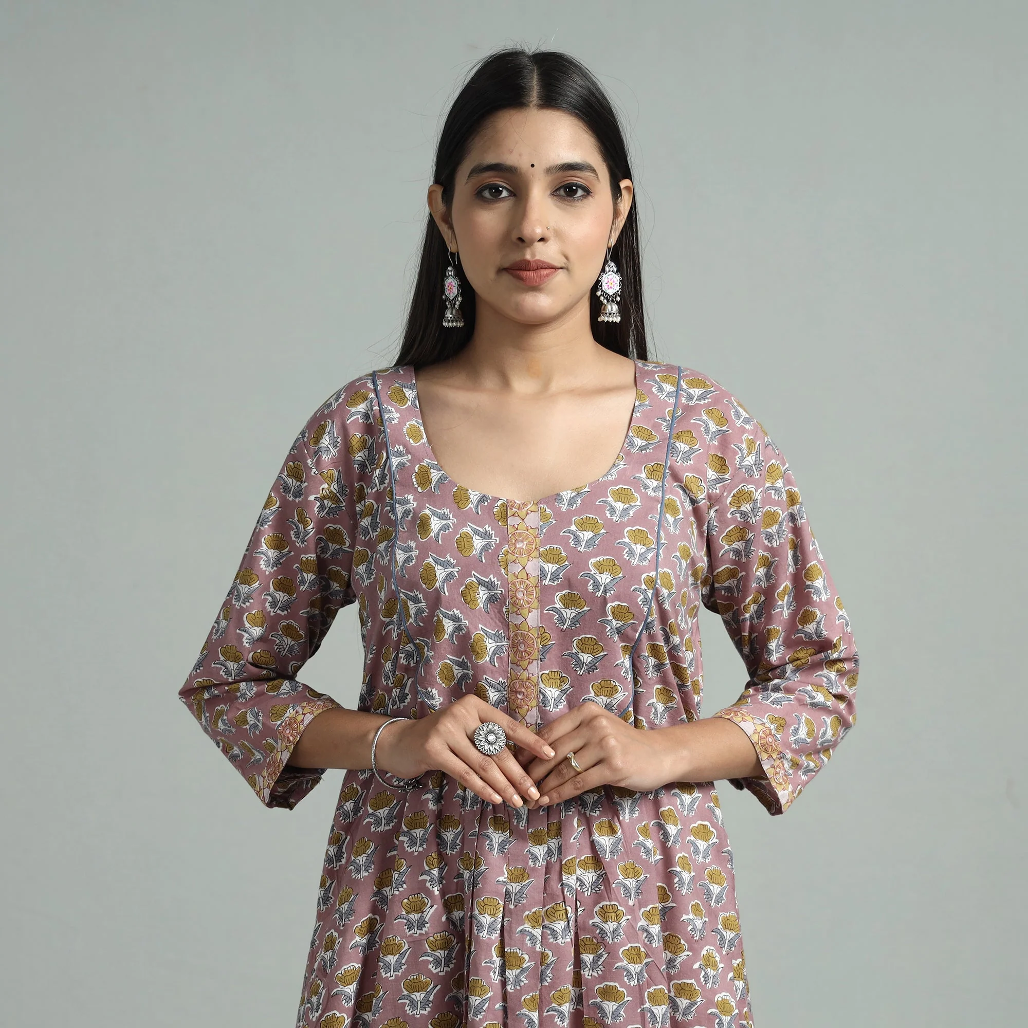 Purple - Brown - Sanganeri Block Printed Cotton A-Line Kurta
