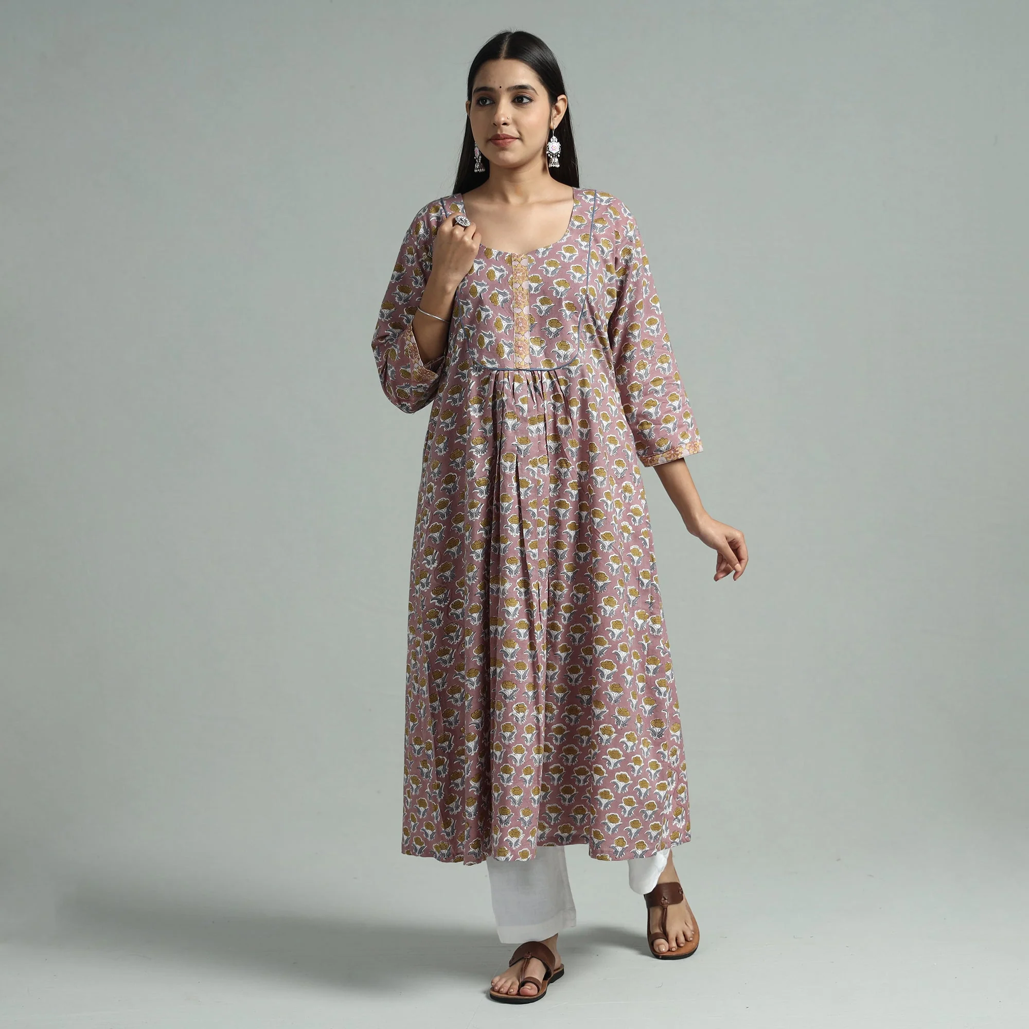 Purple - Brown - Sanganeri Block Printed Cotton A-Line Kurta - Image 2