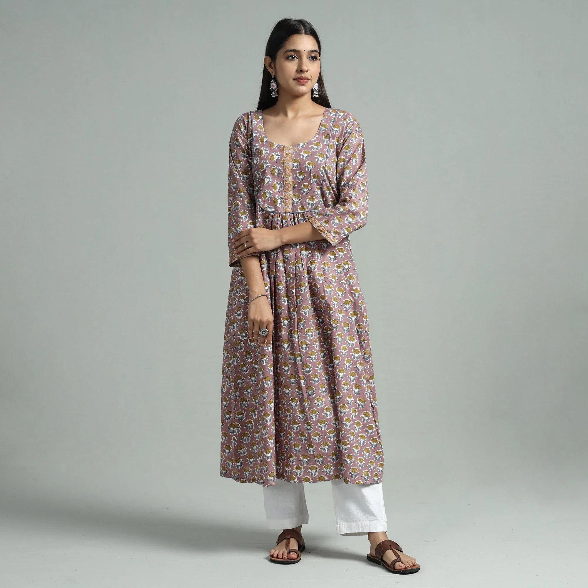 Purple - Brown - Sanganeri Block Printed Cotton A-Line Kurta - Image 3