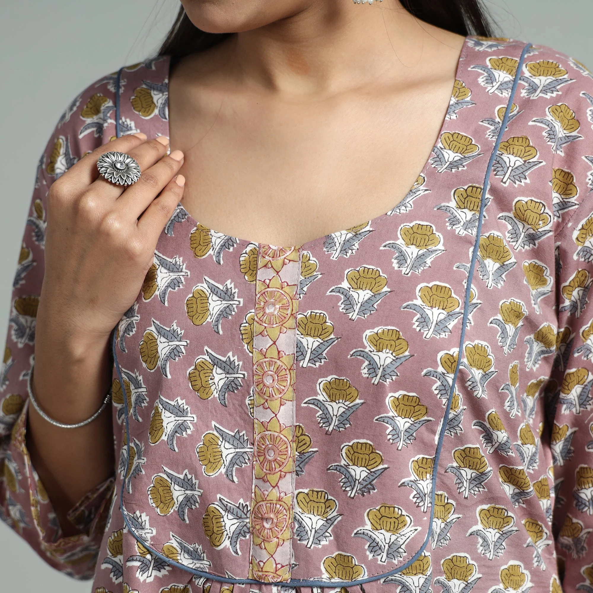 Purple - Brown - Sanganeri Block Printed Cotton A-Line Kurta - Image 4