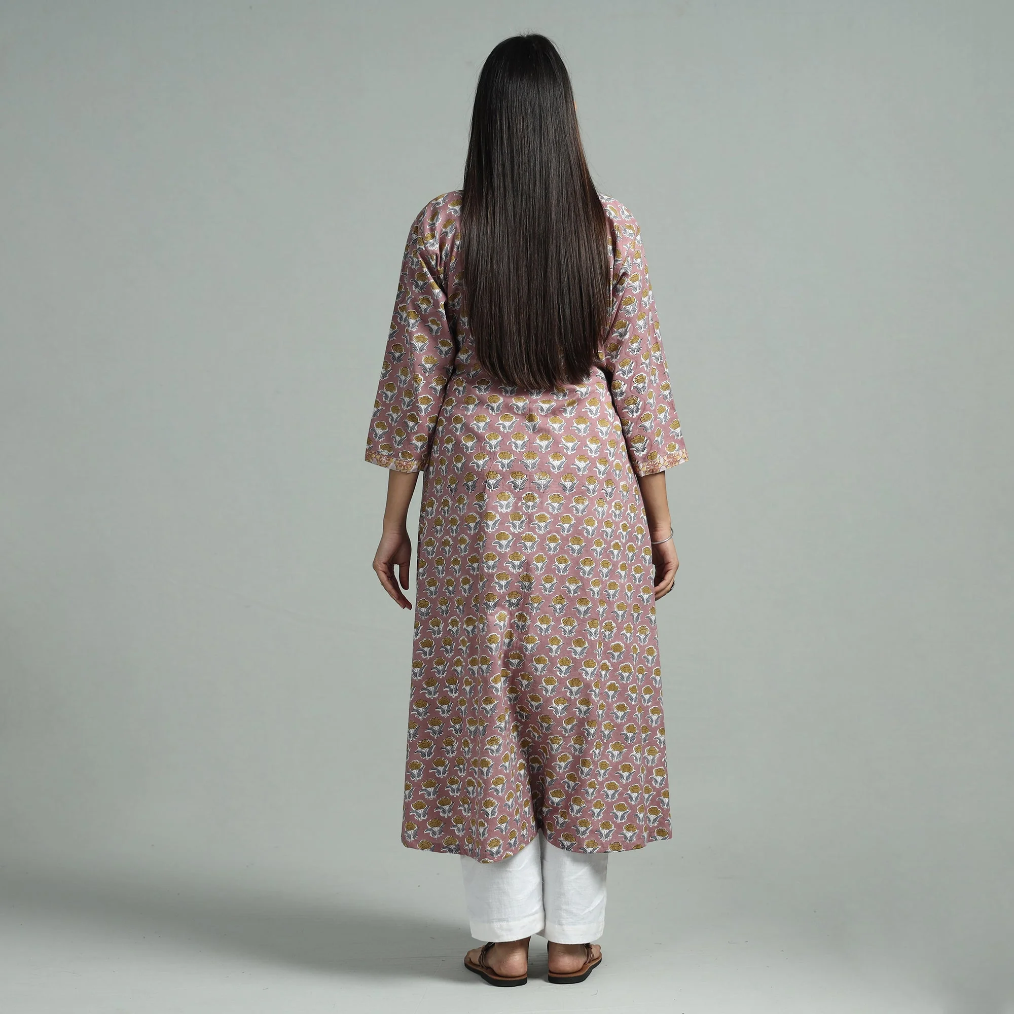 Purple - Brown - Sanganeri Block Printed Cotton A-Line Kurta - Image 6