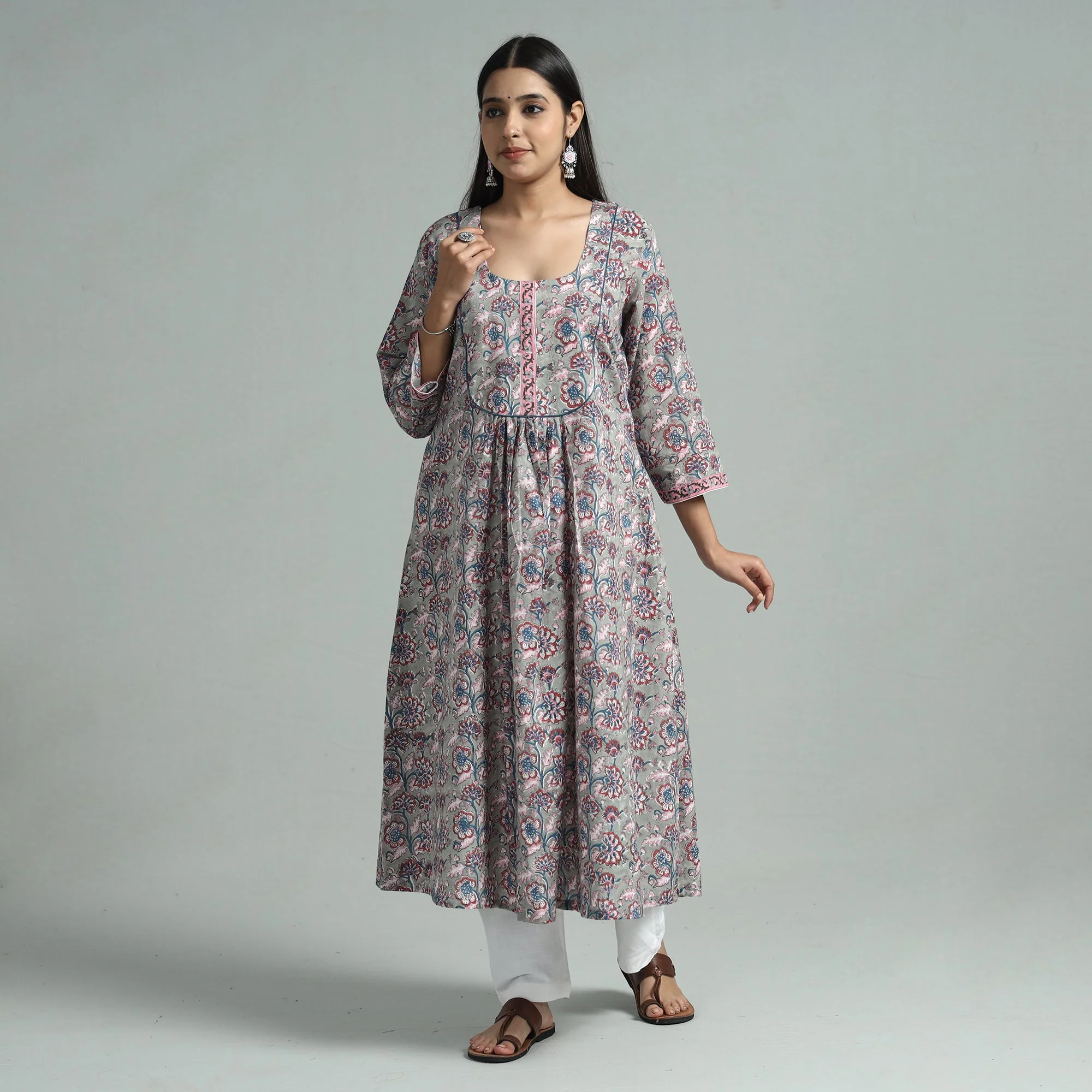 Grey - Sanganeri Block Printed Cotton A-Line Kurta - Image 2