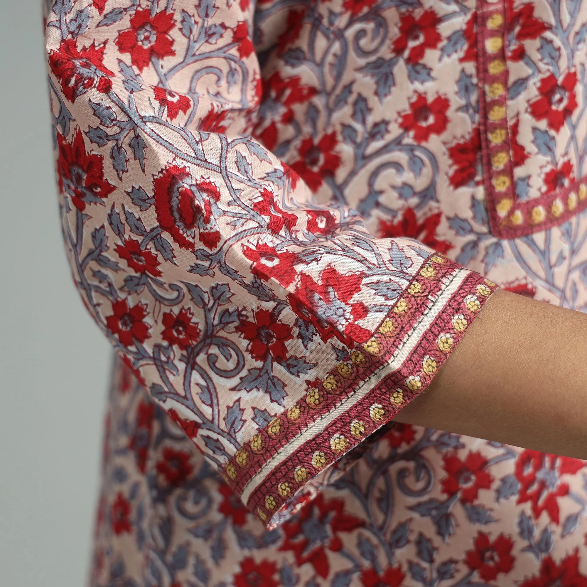 Light Pink - Sanganeri Block Printed Cotton A-Line Kurta - Image 5