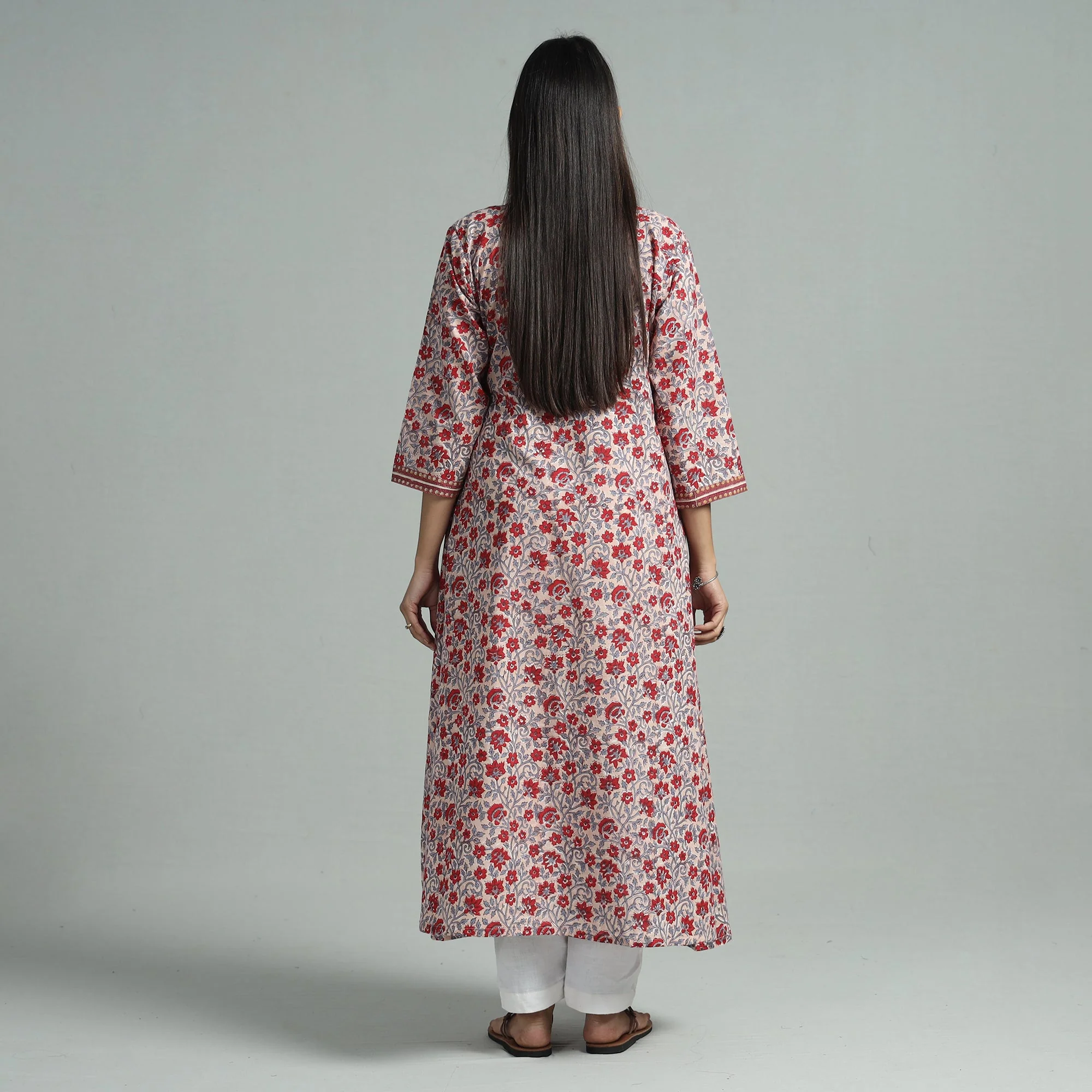 Light Pink - Sanganeri Block Printed Cotton A-Line Kurta - Image 6