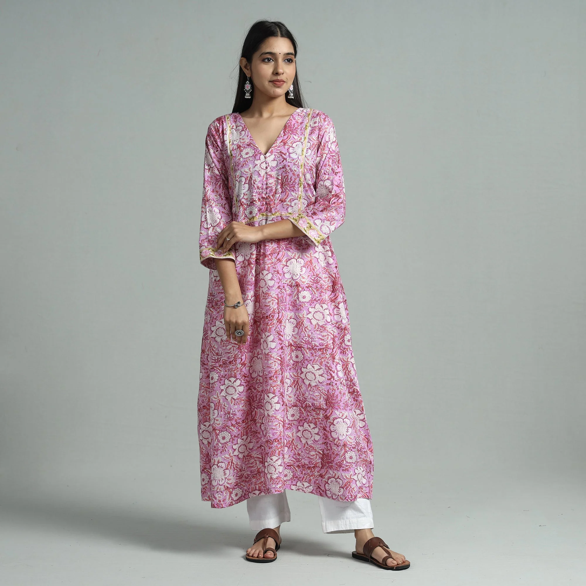 Pink - Sanganeri Block Printed Cotton A-Line Kurta - Image 3