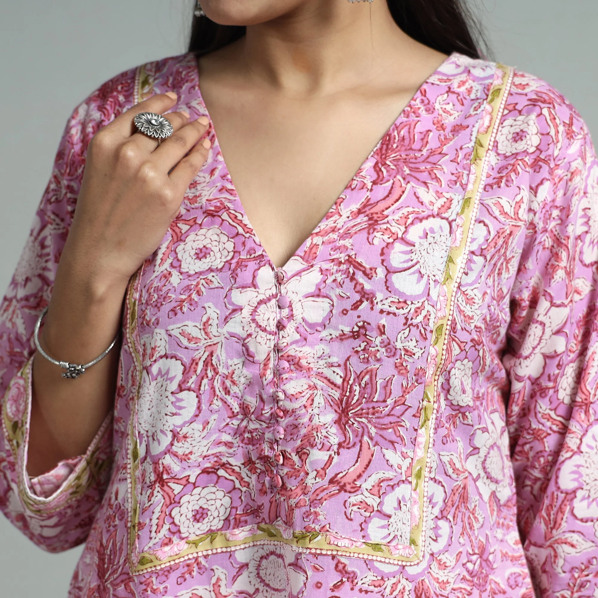 Pink - Sanganeri Block Printed Cotton A-Line Kurta - Image 4