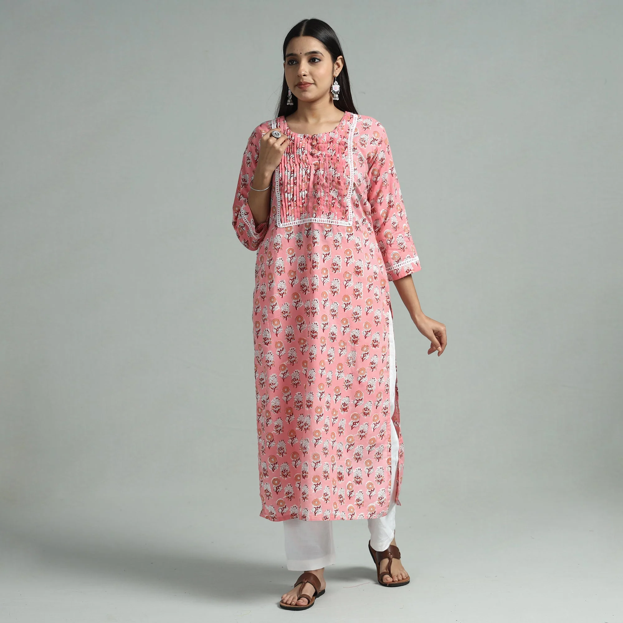 Pink - Sanganeri Block Printed Cotton Pintuck Straight Kurta with Lace Work - Image 2