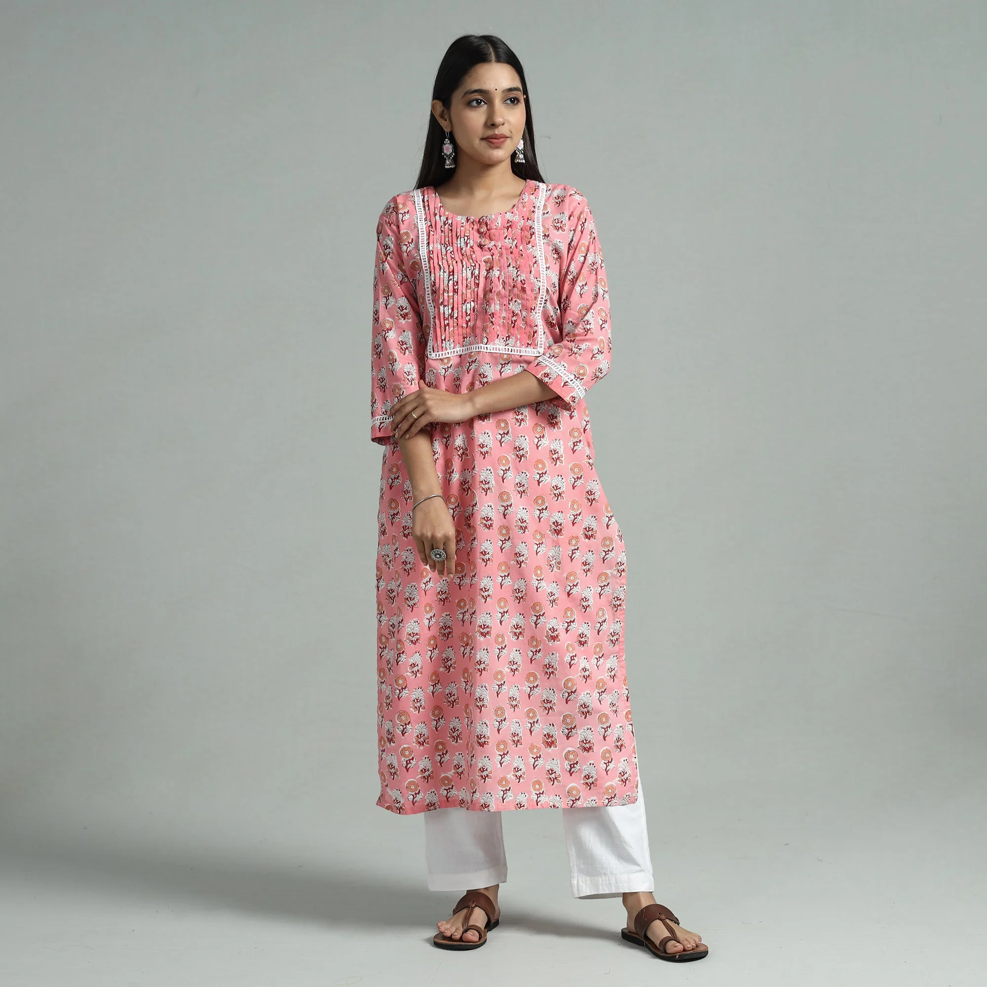 Pink - Sanganeri Block Printed Cotton Pintuck Straight Kurta with Lace Work - Image 3