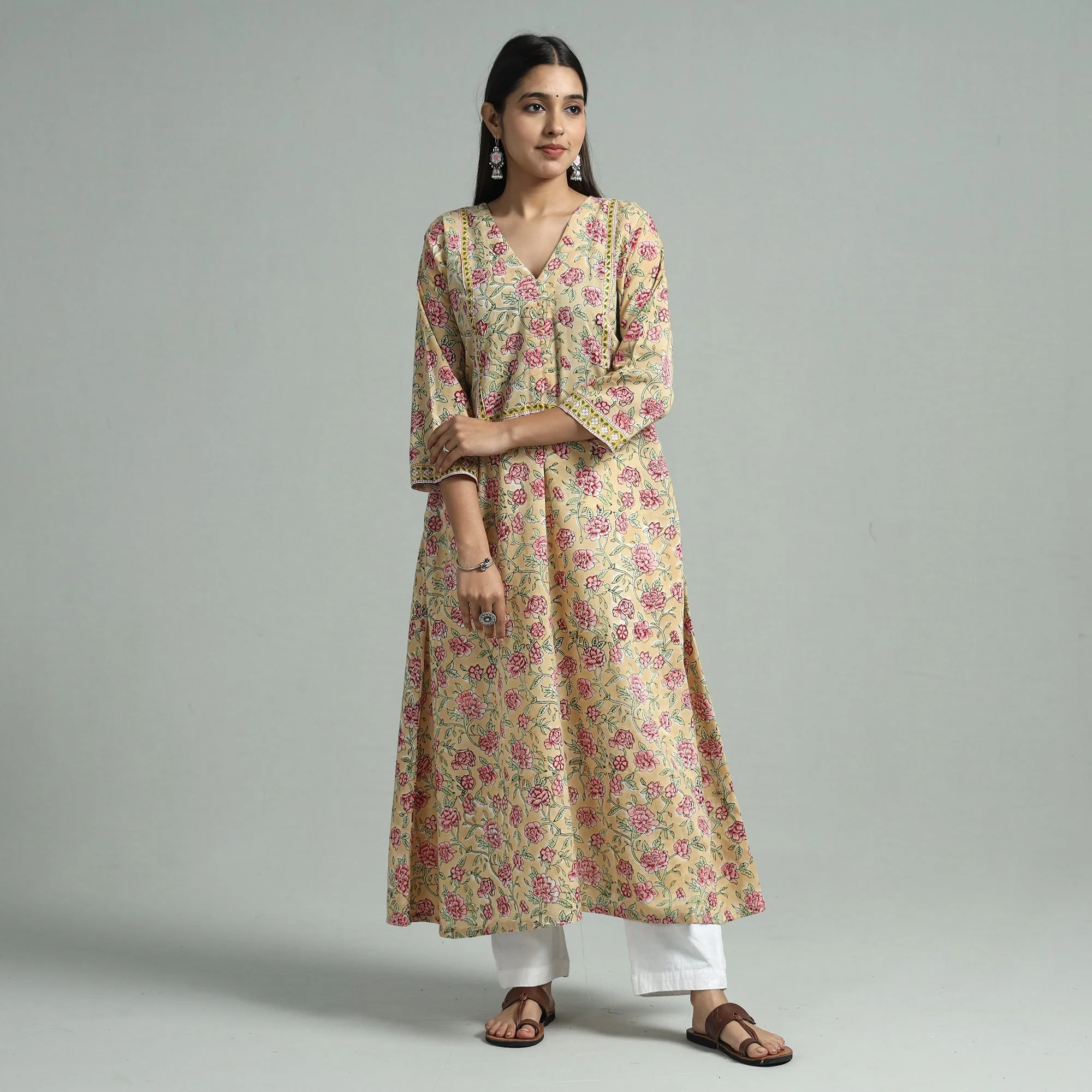 Light Yellow - Sanganeri Block Printed Cotton A-Line Kurta - Image 3