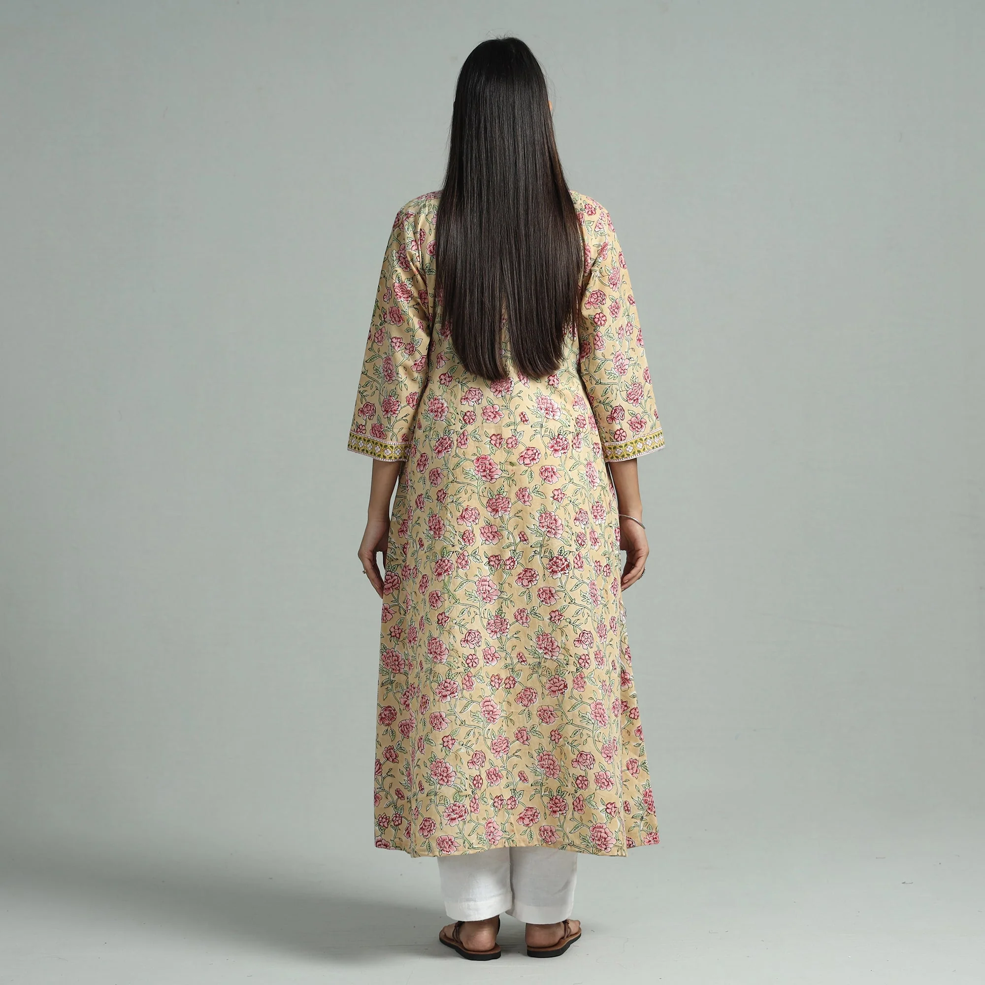 Light Yellow - Sanganeri Block Printed Cotton A-Line Kurta - Image 6