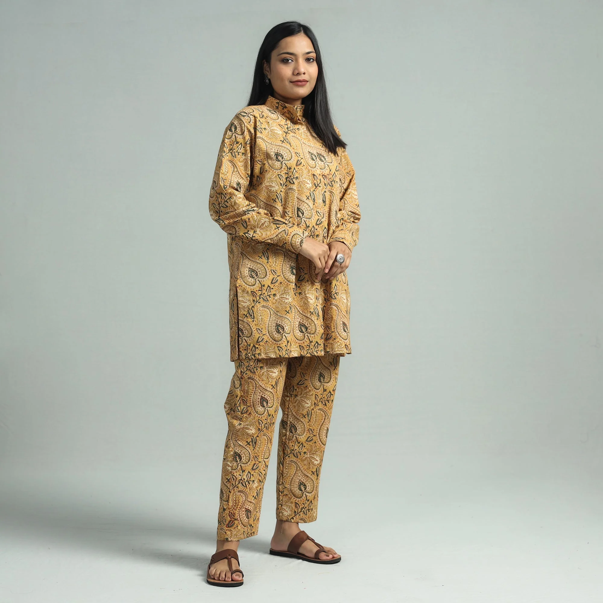 Yellow - Pedana Kalamkari Block Printed Cotton Co-Ord Set - Image 2