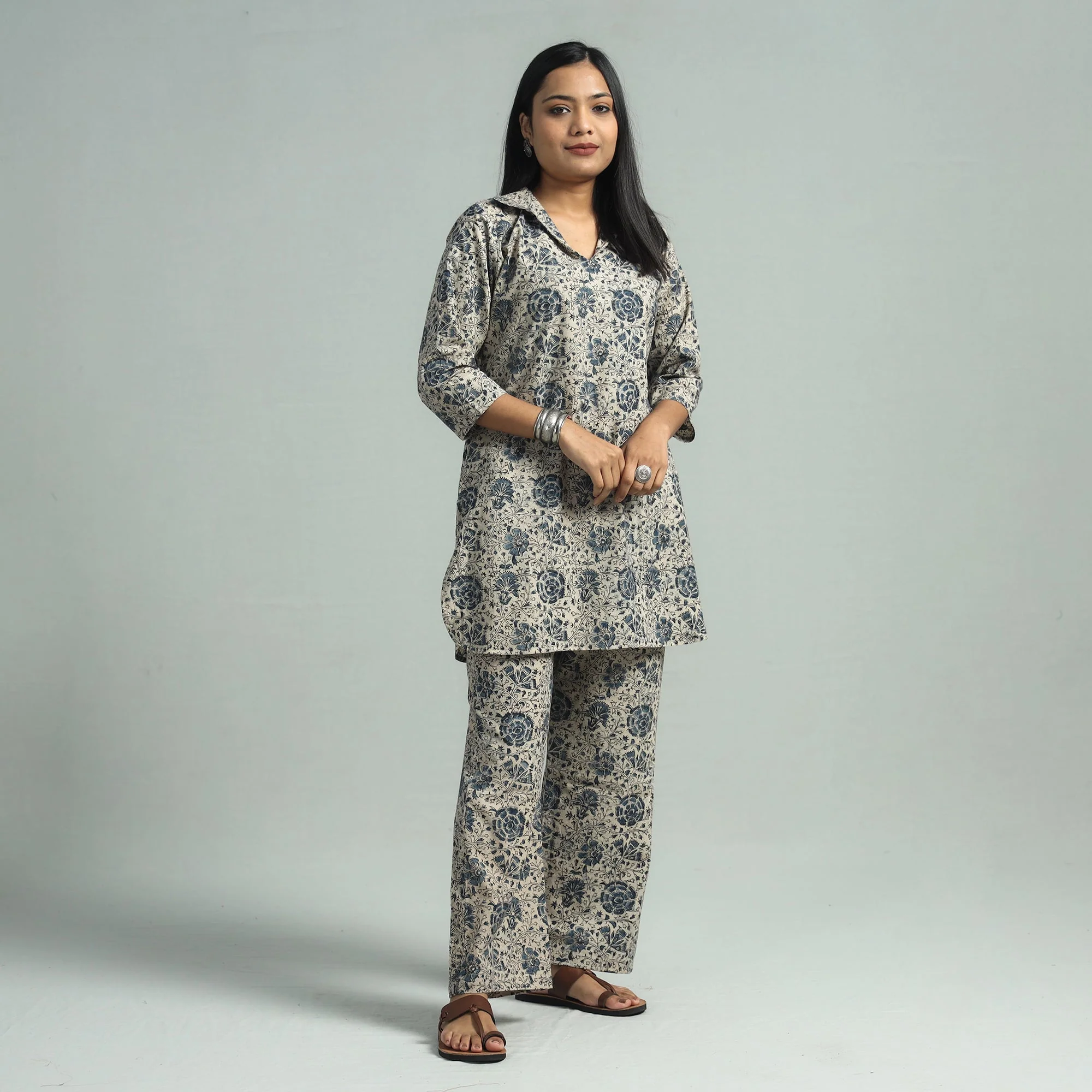 Beige - Pedana Kalamkari Block Printed Cotton Co-Ord Set - Image 2