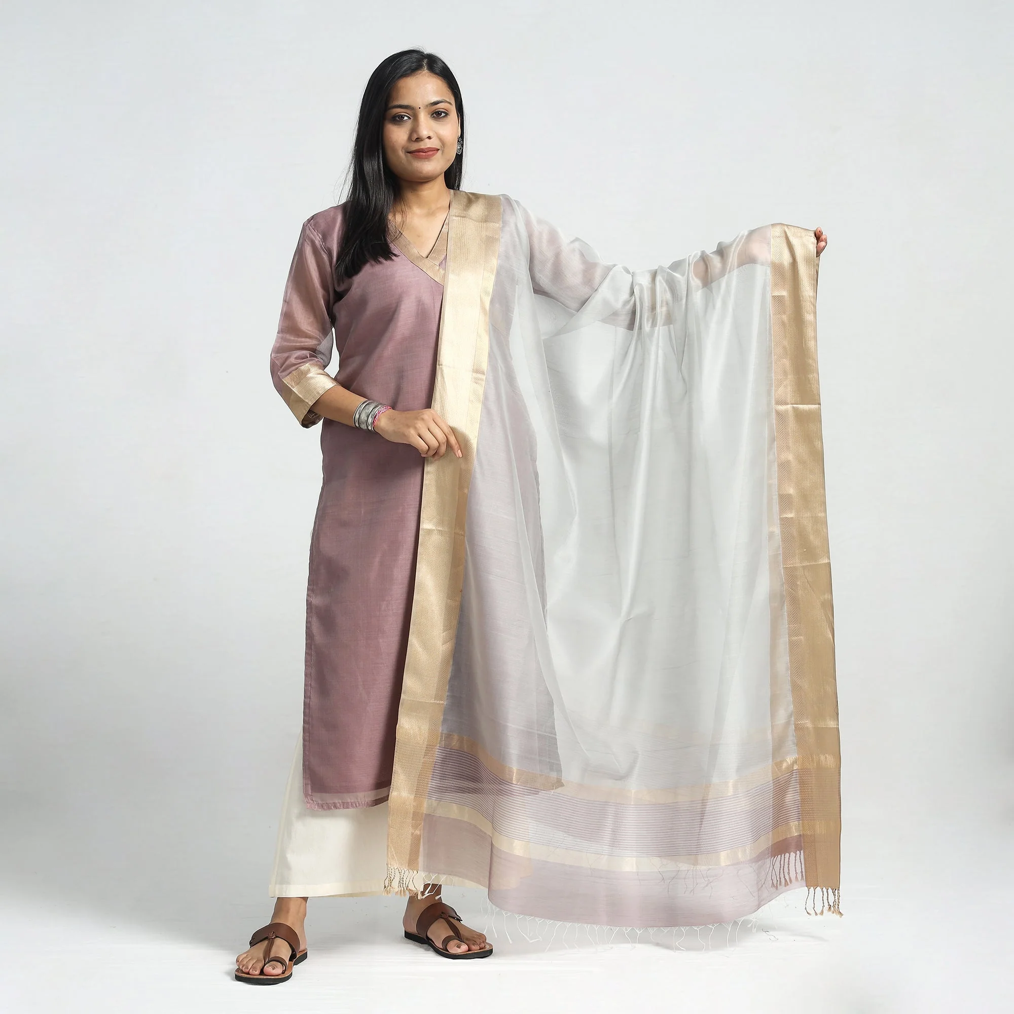 Light Purple - Traditional Maheshwari Handloom Silk Cotton Kurta with Dupatta Set