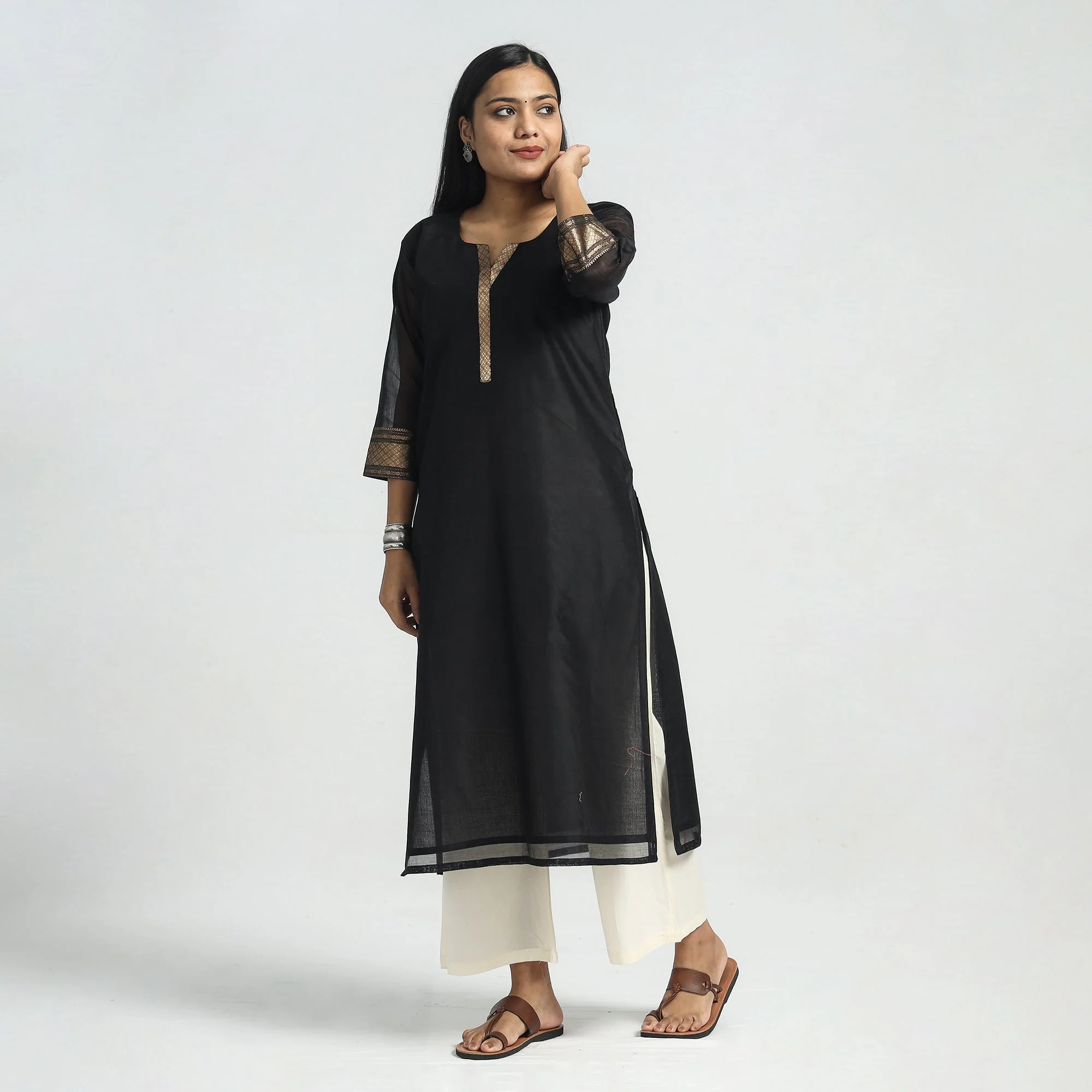 Black - Traditional Maheshwari Handloom Silk Cotton Zari Work Kurta with Dupatta Set - Image 4