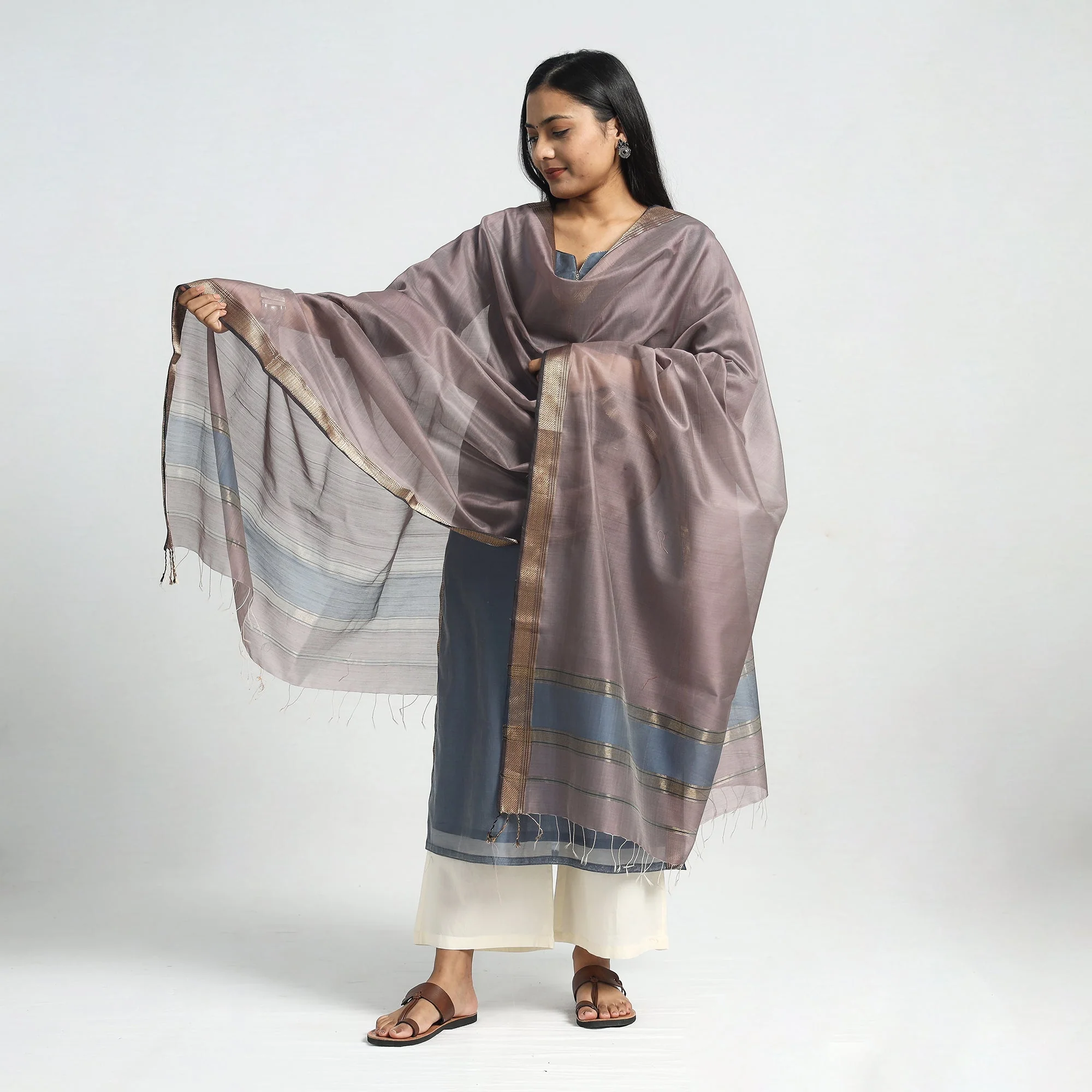 Grey - Traditional Maheshwari Handloom Silk Cotton Tissue Zari Work Kurta with Dupatta Set - Image 2