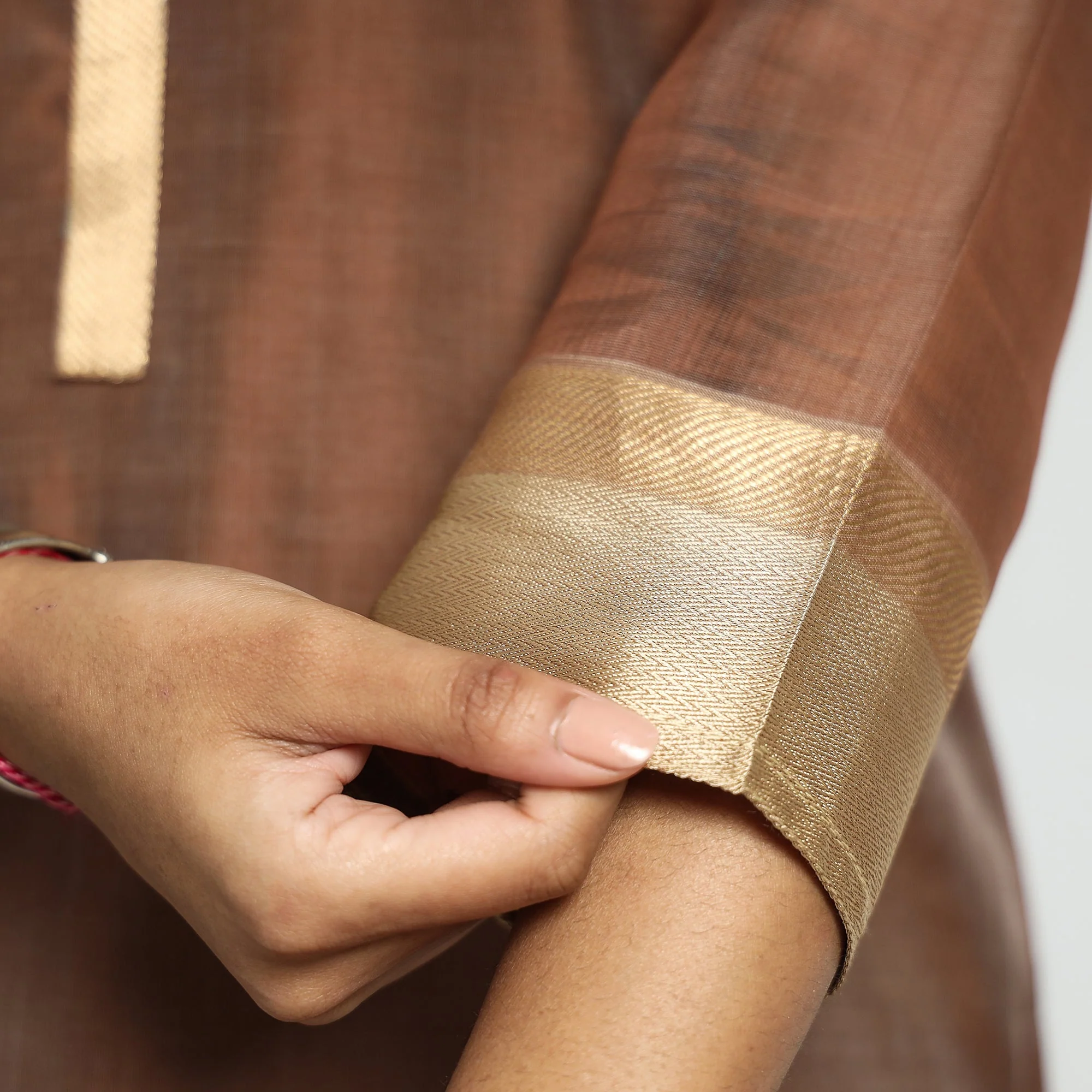 Brown - Traditional Maheshwari Handloom Silk Cotton Kurta with Dupatta Set - Image 6