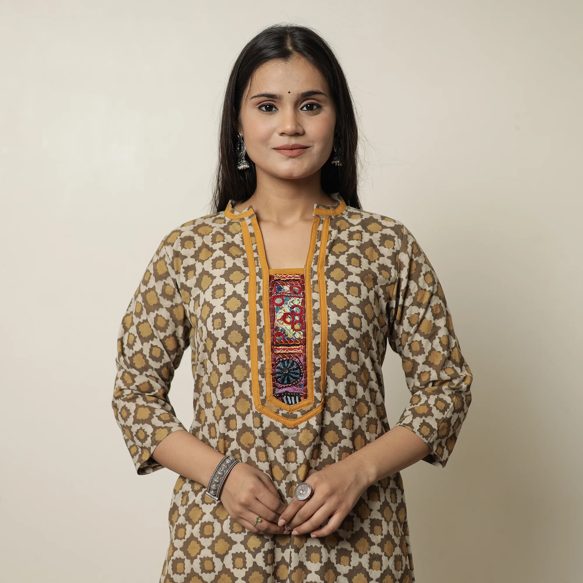 Brown - Akola Hand Block Printed Cotton Straight Kurta with Kutch Embroidery Patchwork 30