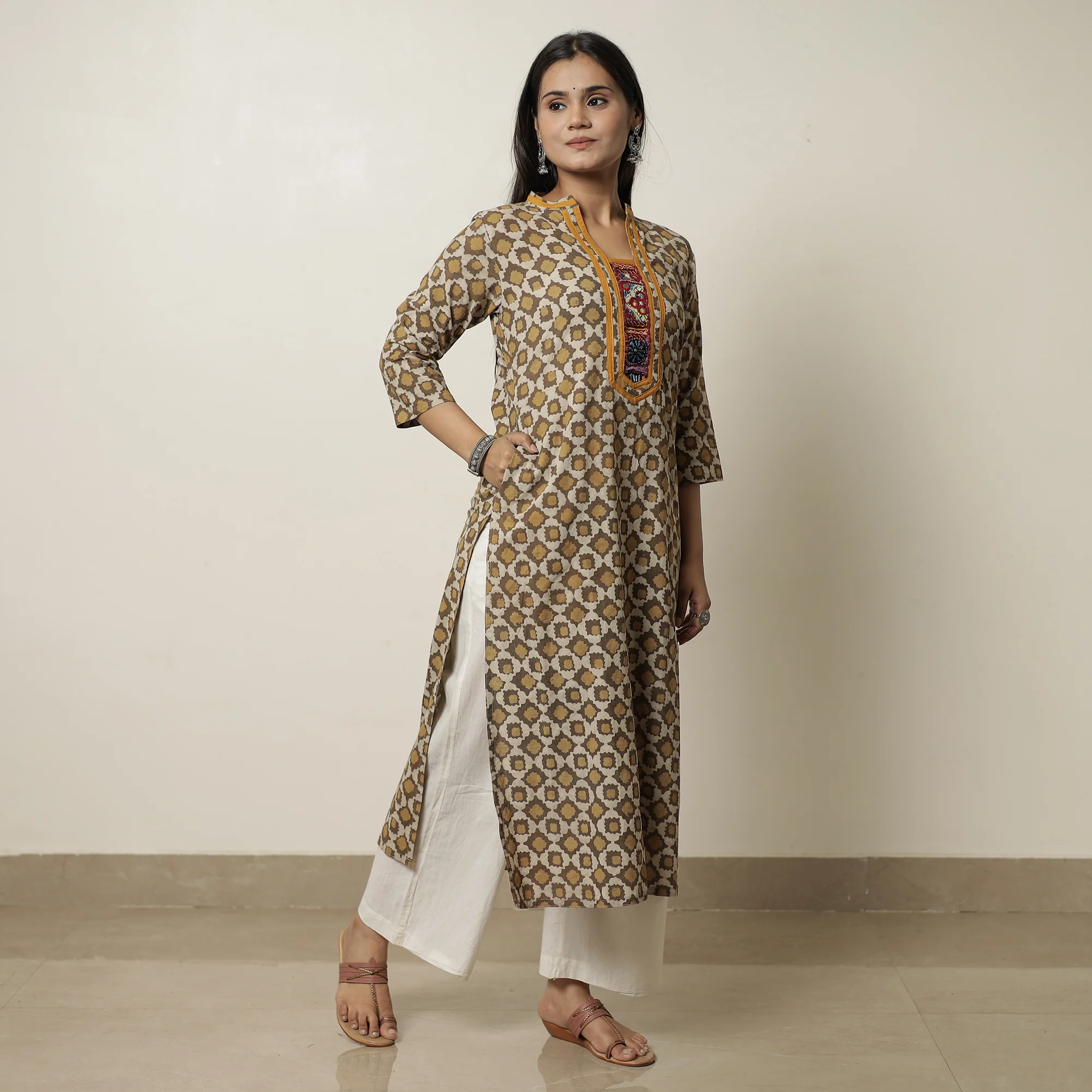 Brown - Akola Hand Block Printed Cotton Straight Kurta with Kutch Embroidery Patchwork 30 - Image 3