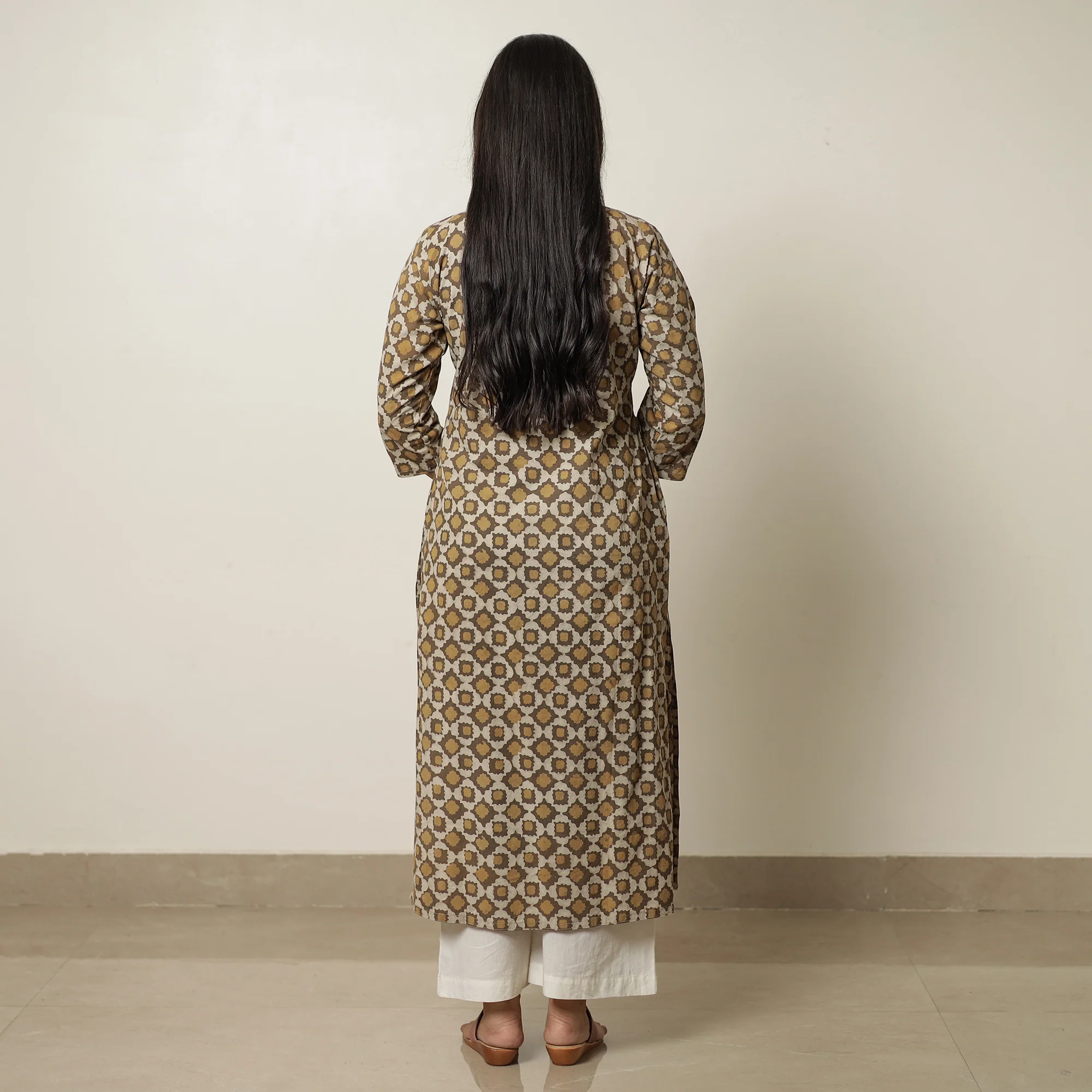 Brown - Akola Hand Block Printed Cotton Straight Kurta with Kutch Embroidery Patchwork 30 - Image 4