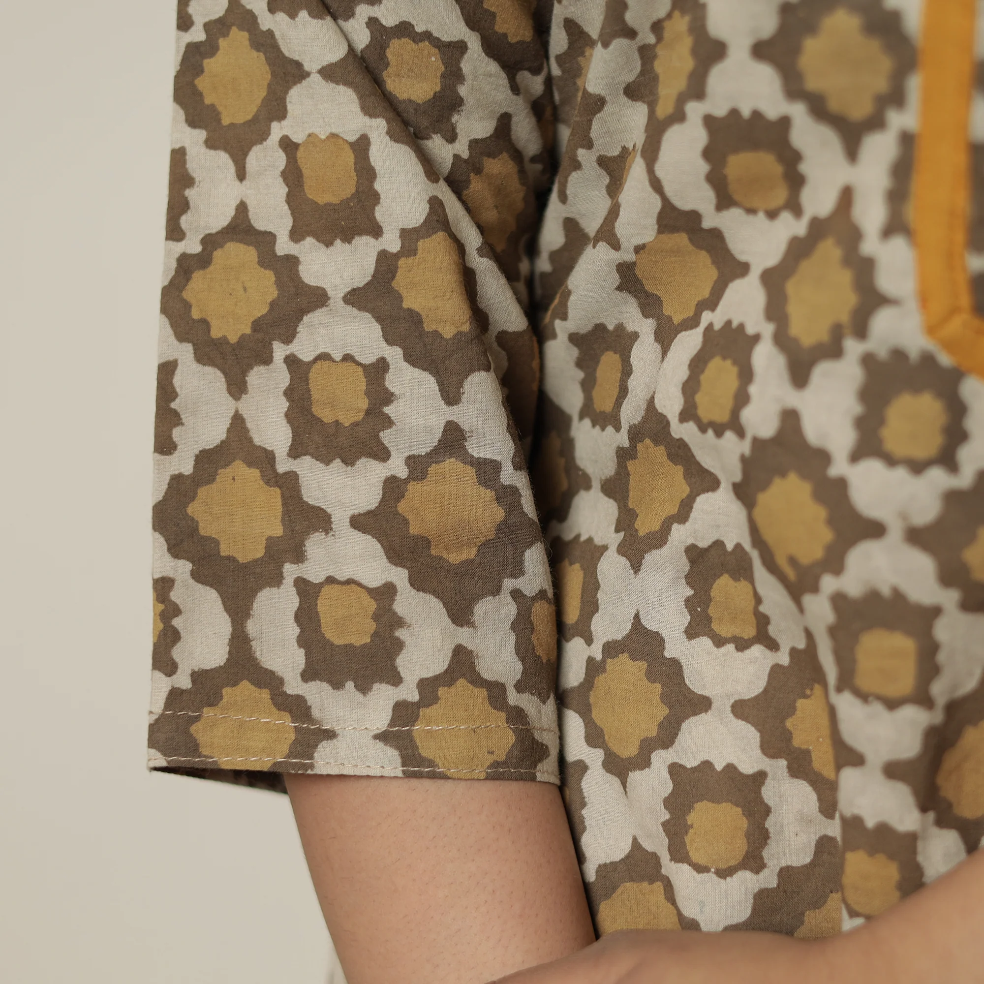 Brown - Akola Hand Block Printed Cotton Straight Kurta with Kutch Embroidery Patchwork 30 - Image 6