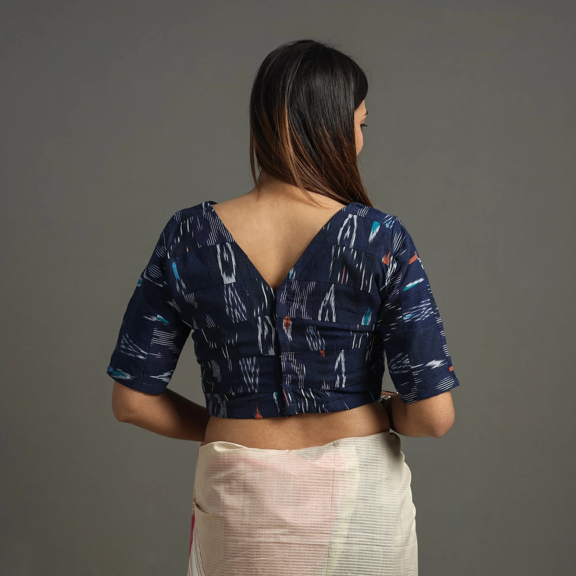 Navy Blue - Pochampally Ikat Patchwork Cotton Stitched Blouse - Image 5