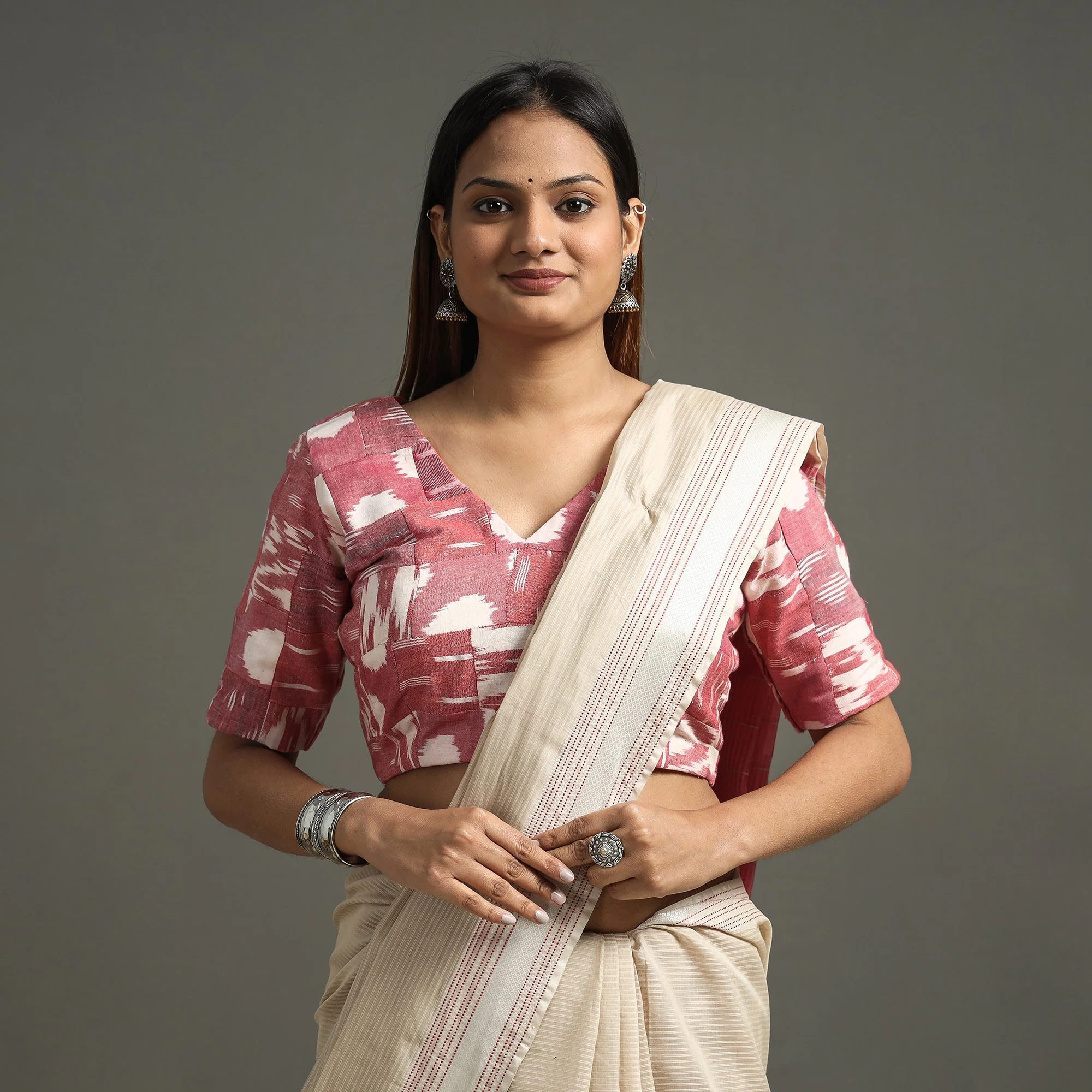 Pink - Pochampally Ikat Patchwork Cotton Stitched Blouse