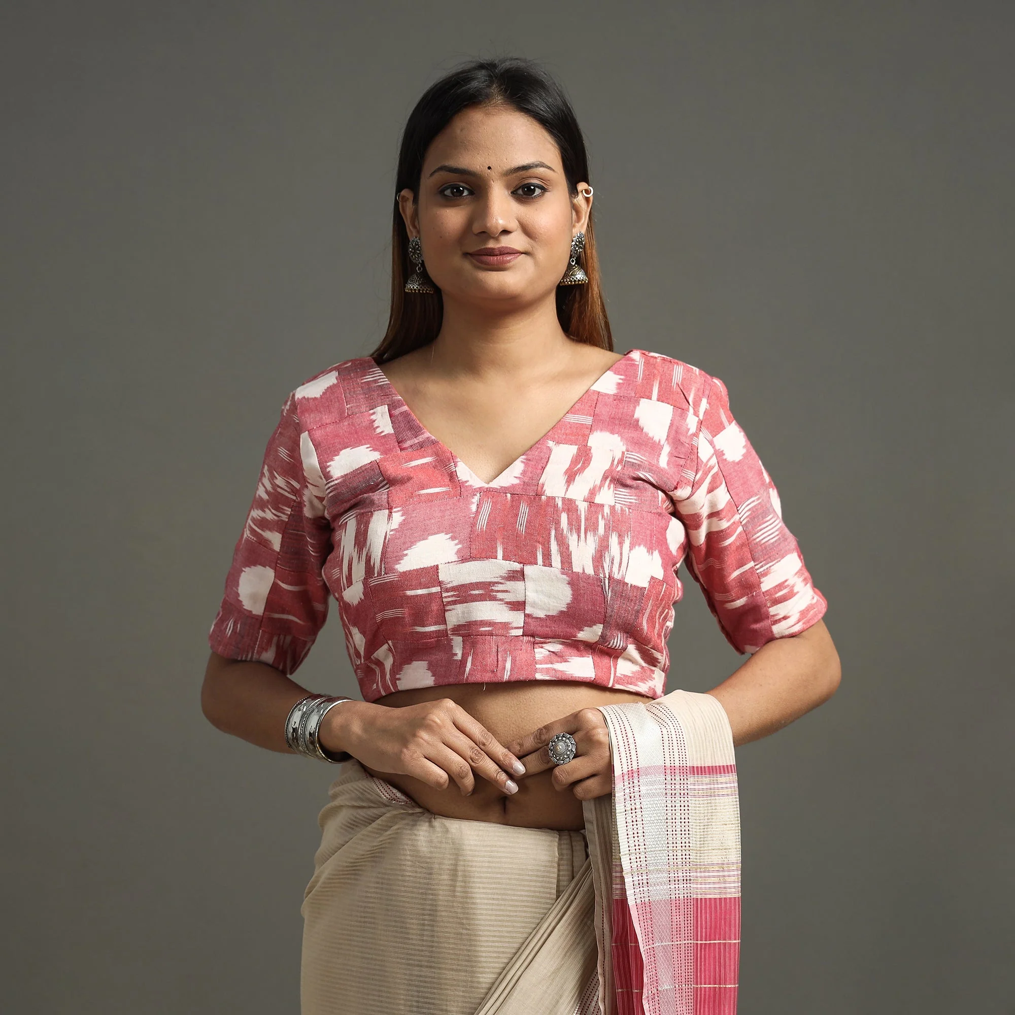 Pink - Pochampally Ikat Patchwork Cotton Stitched Blouse - Image 3