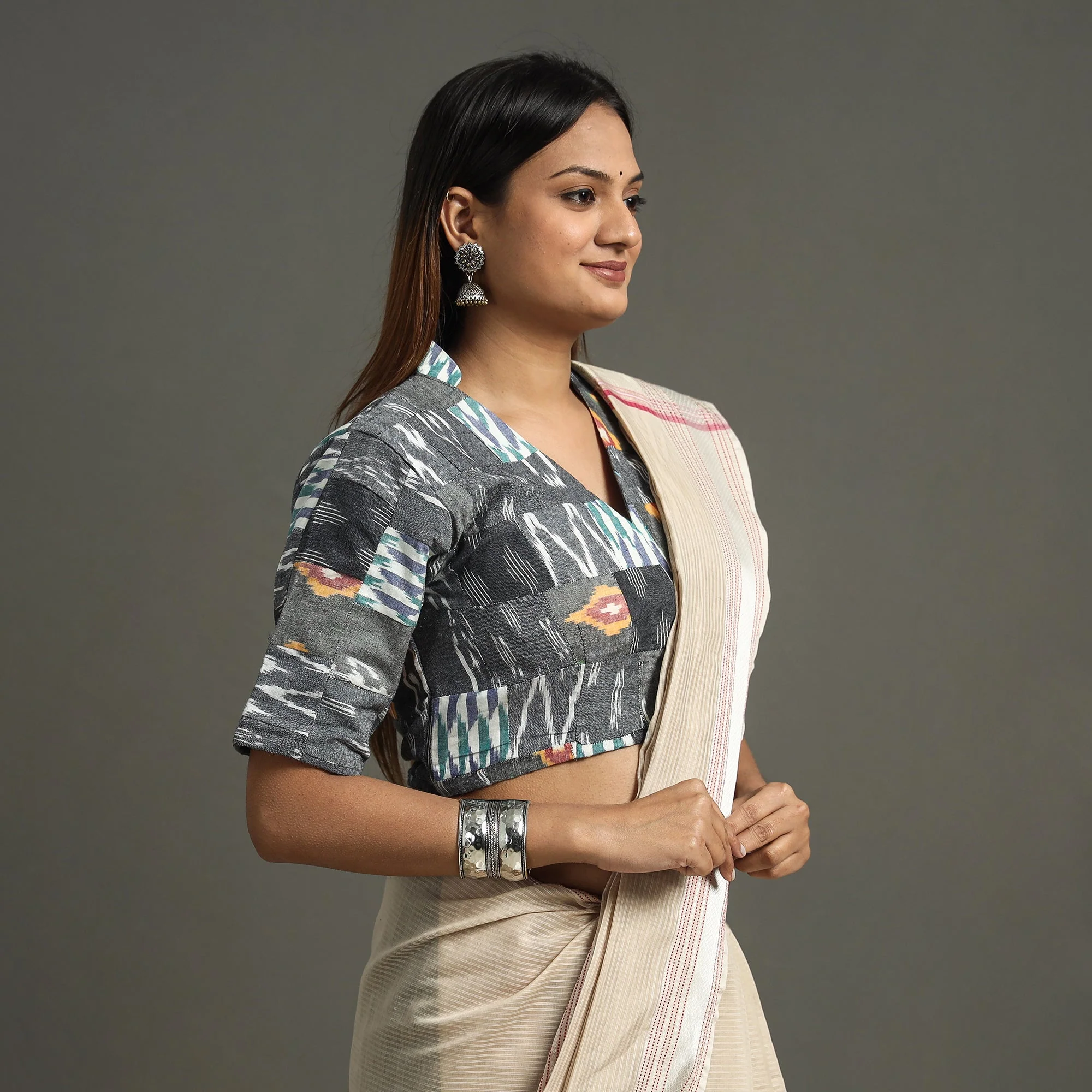 Grey - Pochampally Ikat Patchwork Cotton Stitched Blouse - Image 2