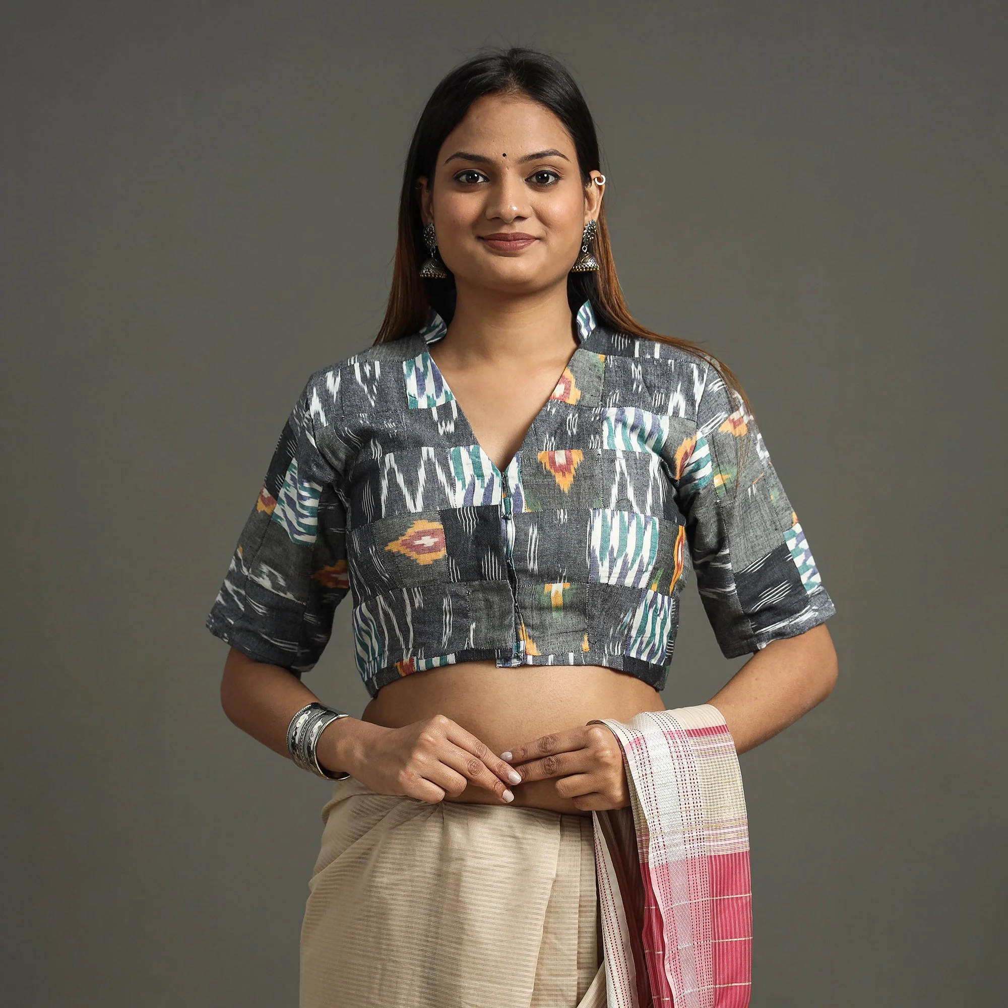 Grey - Pochampally Ikat Patchwork Cotton Stitched Blouse - Image 3