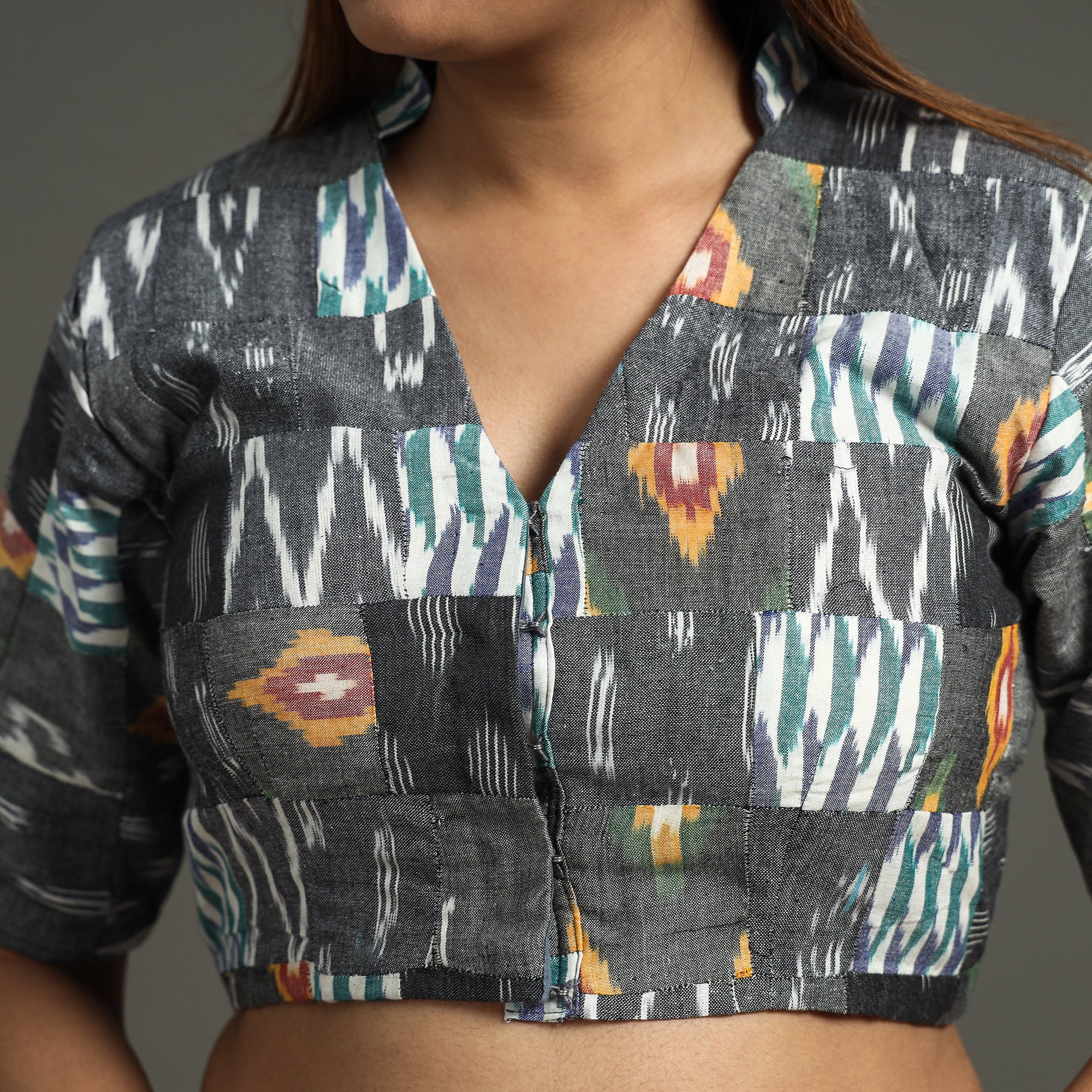 Grey - Pochampally Ikat Patchwork Cotton Stitched Blouse - Image 4