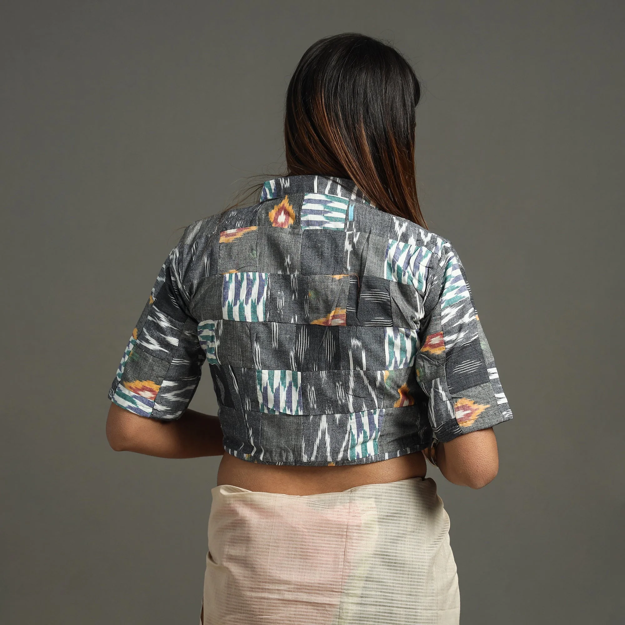 Grey - Pochampally Ikat Patchwork Cotton Stitched Blouse - Image 5
