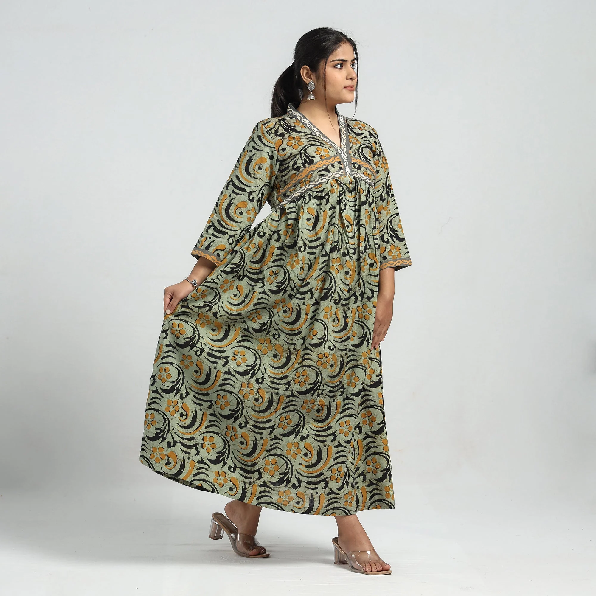 Green - Batik Printed Cotton Flared Dress - Image 3