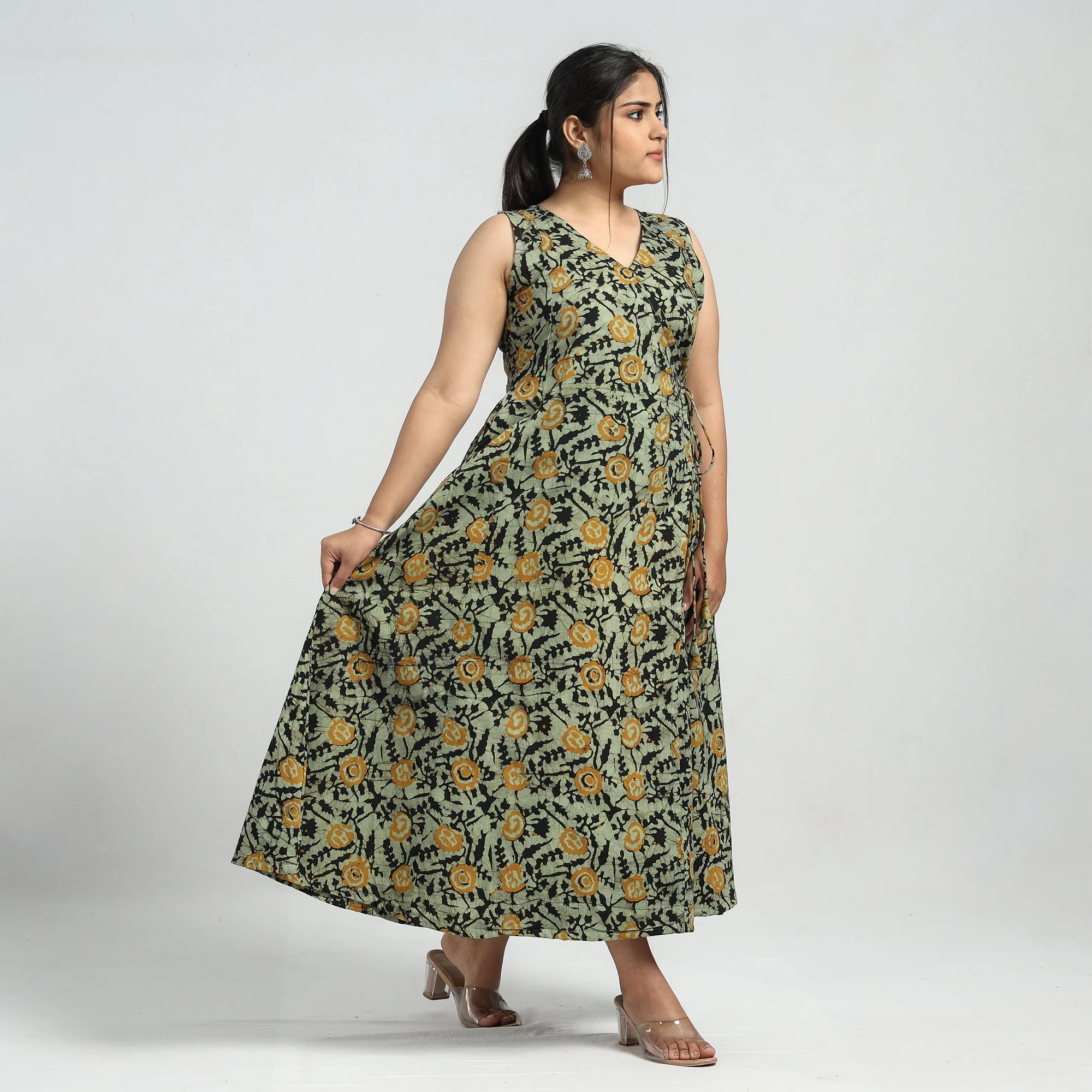 Green - Batik Printed Cotton Angrakha Sleeveless Flared Dress - Image 3