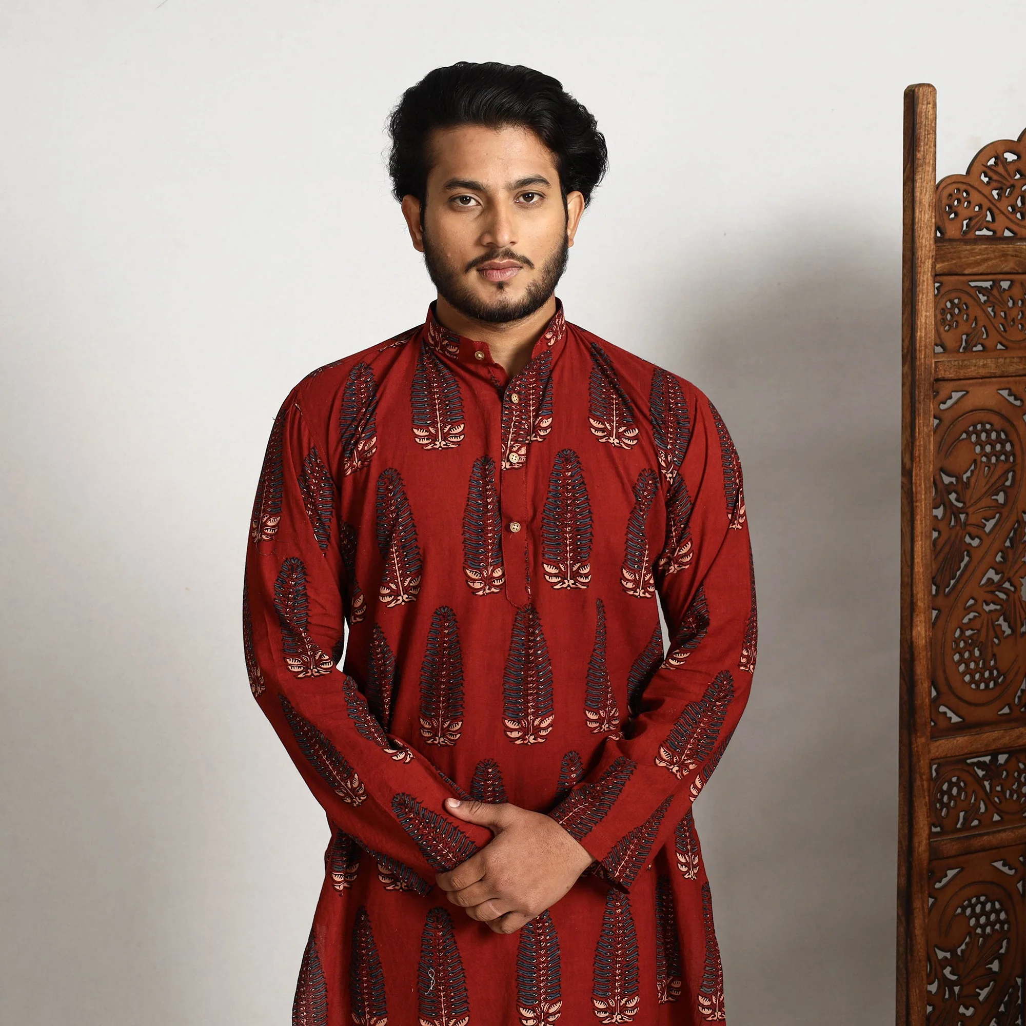 Red - Ajrakh Block Printed Cotton Men Long Kurta - Image 3