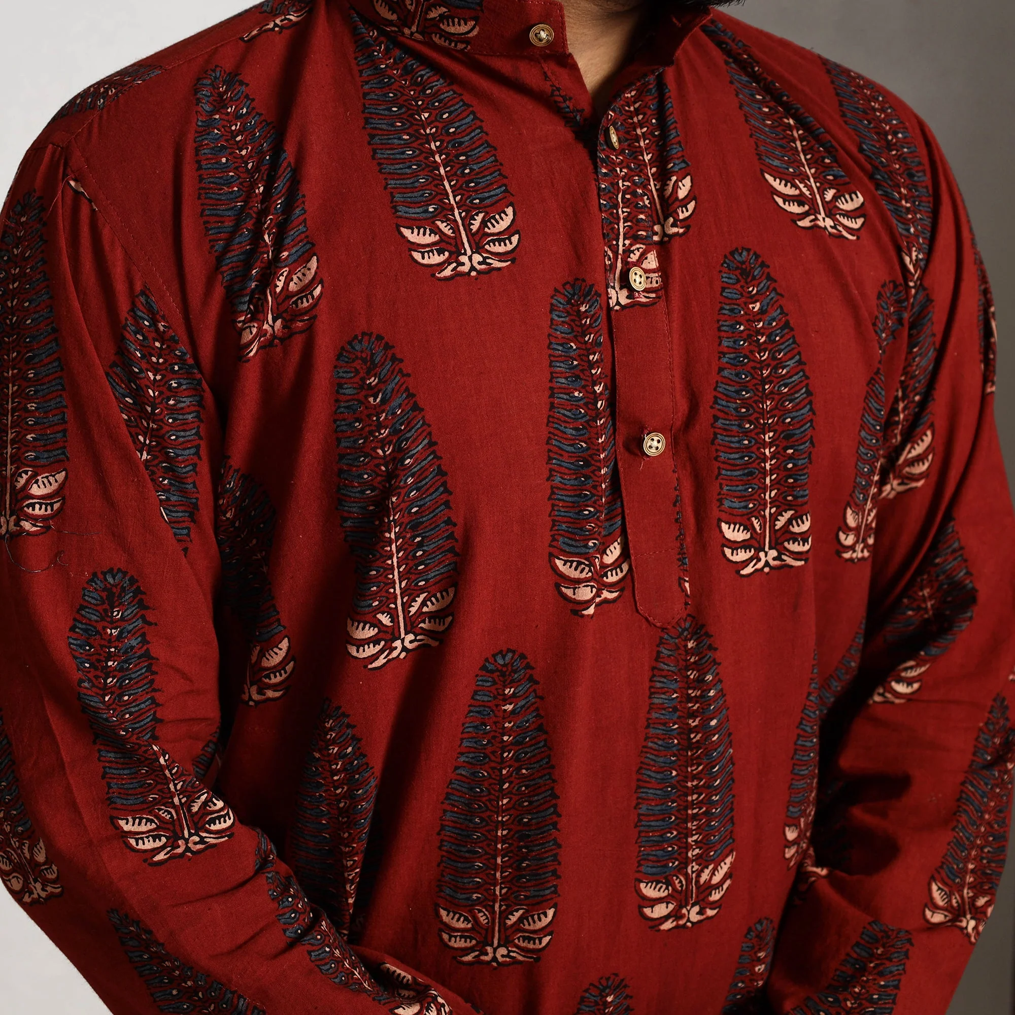 Red - Ajrakh Block Printed Cotton Men Long Kurta - Image 4