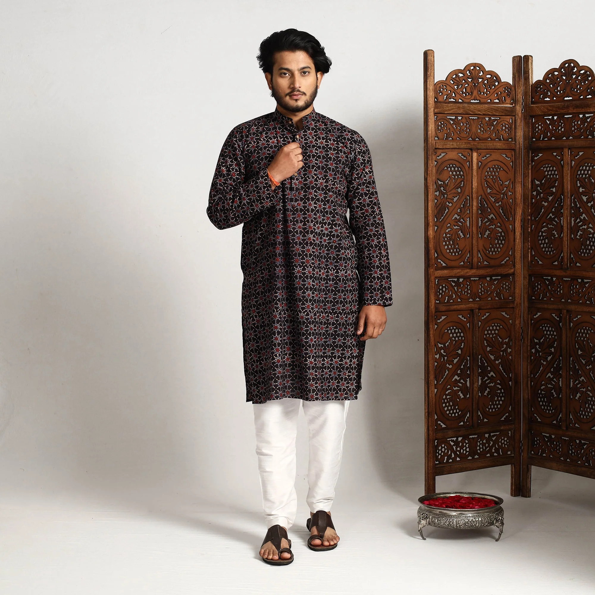 Black - Ajrakh Block Printed Cotton Men Long Kurta