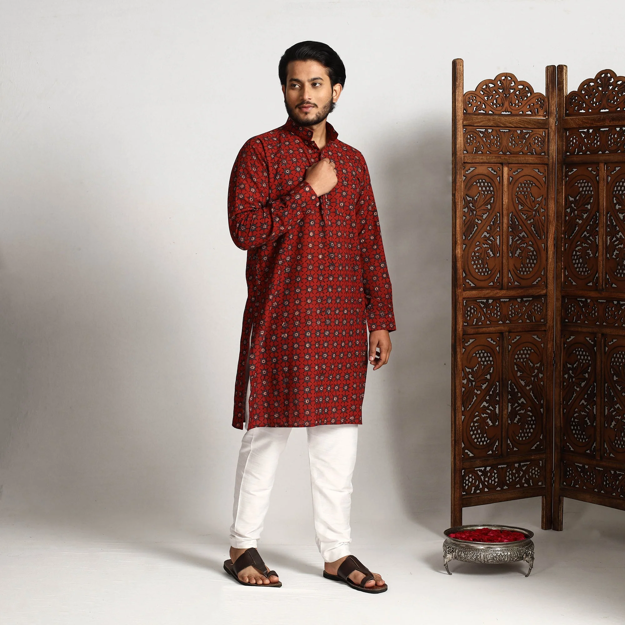 Red - Ajrakh Block Printed Cotton Men Long Kurta - Image 2