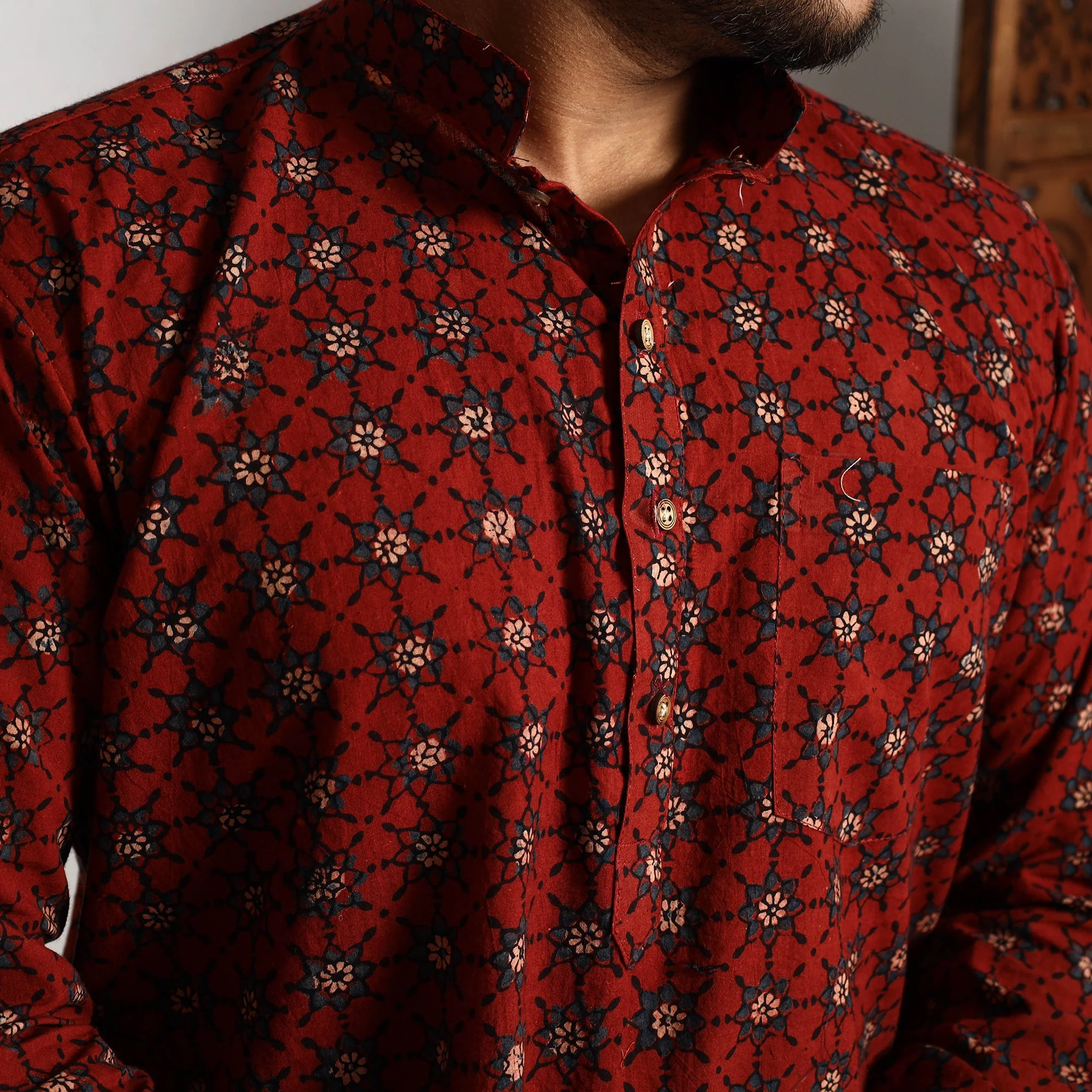 Red - Ajrakh Block Printed Cotton Men Long Kurta - Image 4