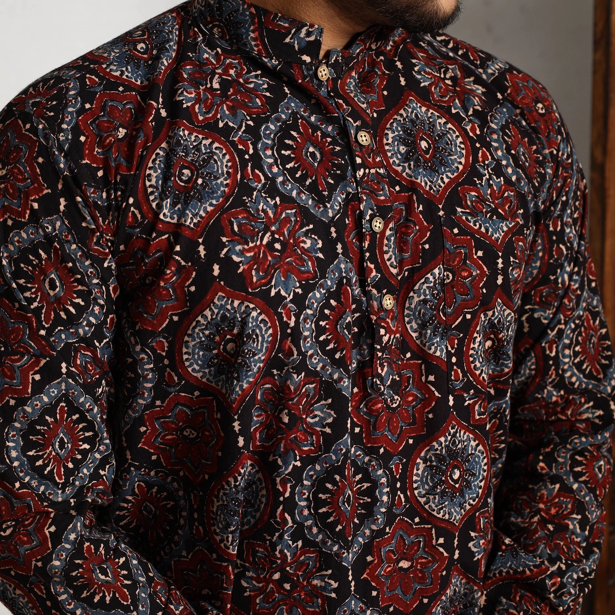 Black - Ajrakh Block Printed Cotton Men Long Kurta - Image 4
