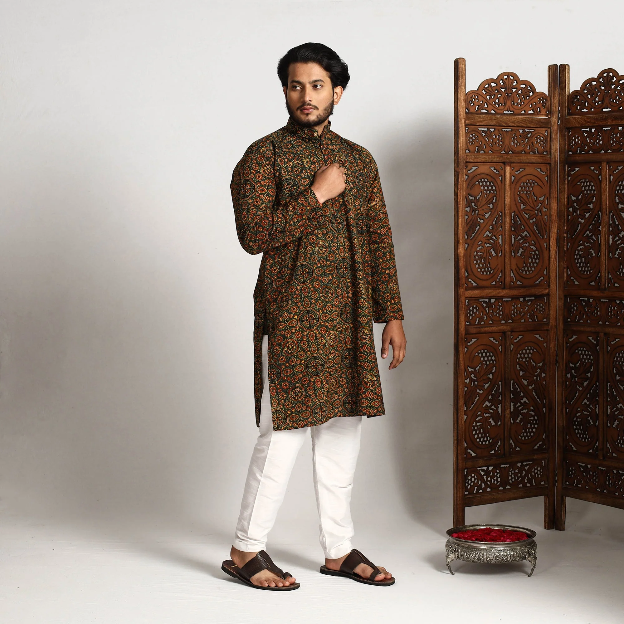 Green - Ajrakh Block Printed Cotton Men Long Kurta - Image 2