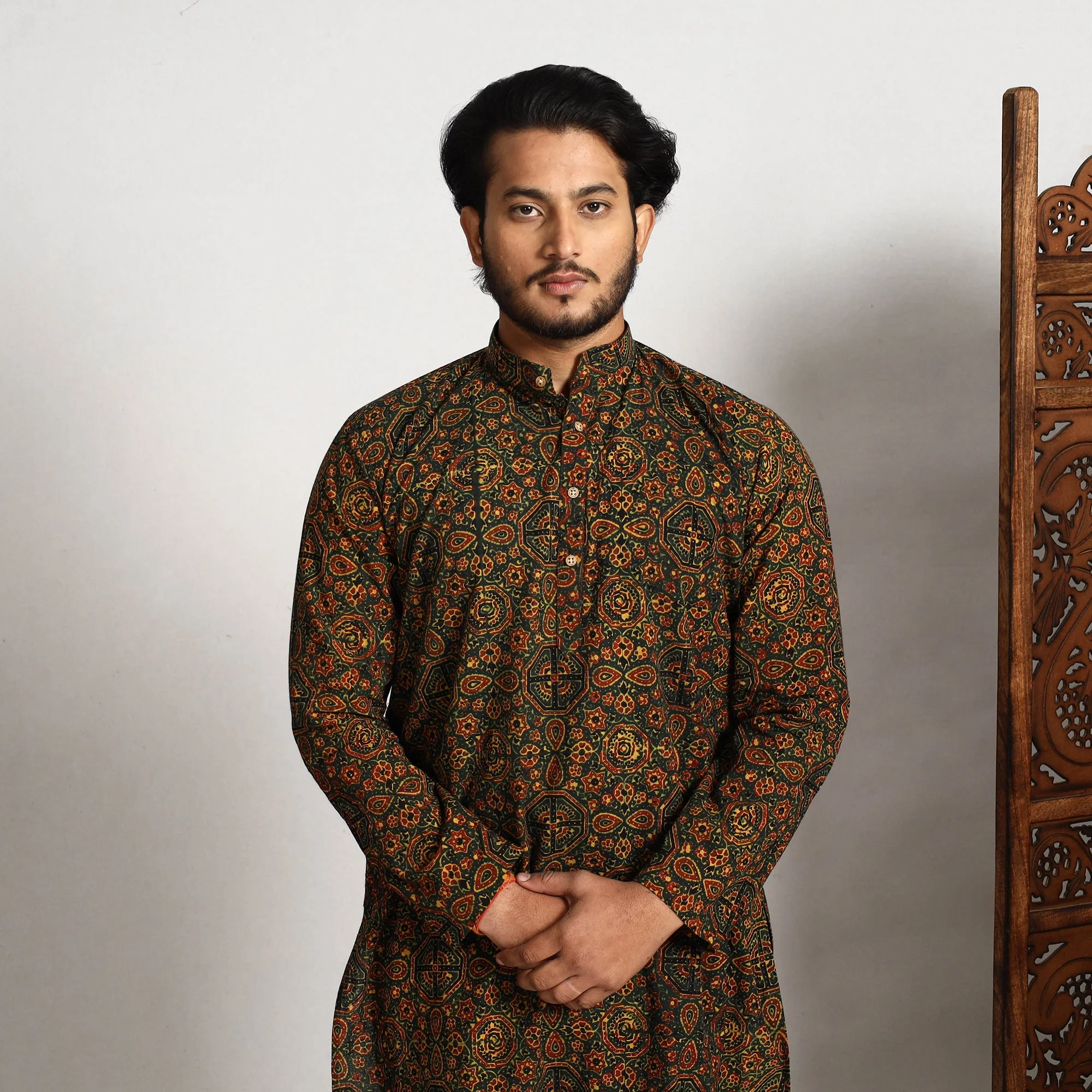 Green - Ajrakh Block Printed Cotton Men Long Kurta - Image 3