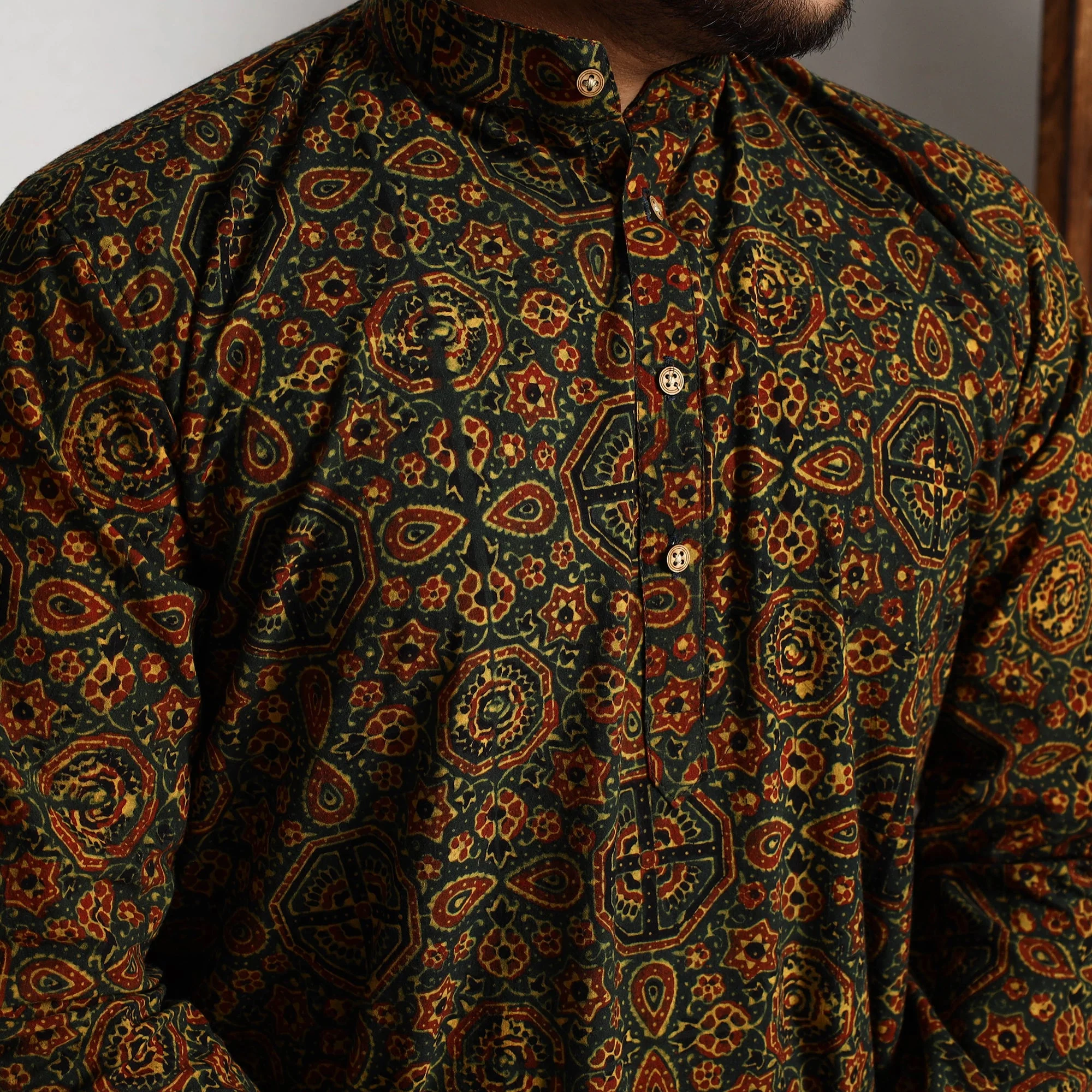 Green - Ajrakh Block Printed Cotton Men Long Kurta - Image 4