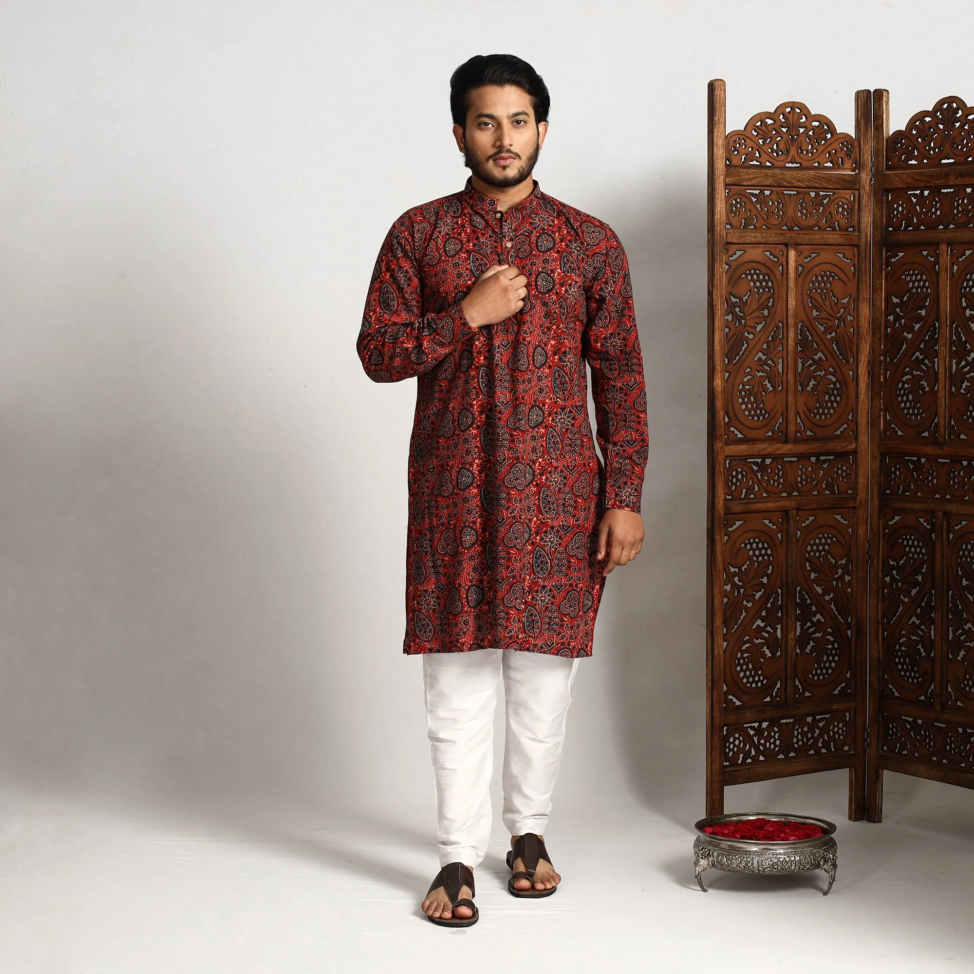 Red - Ajrakh Block Printed Cotton Men Long Kurta