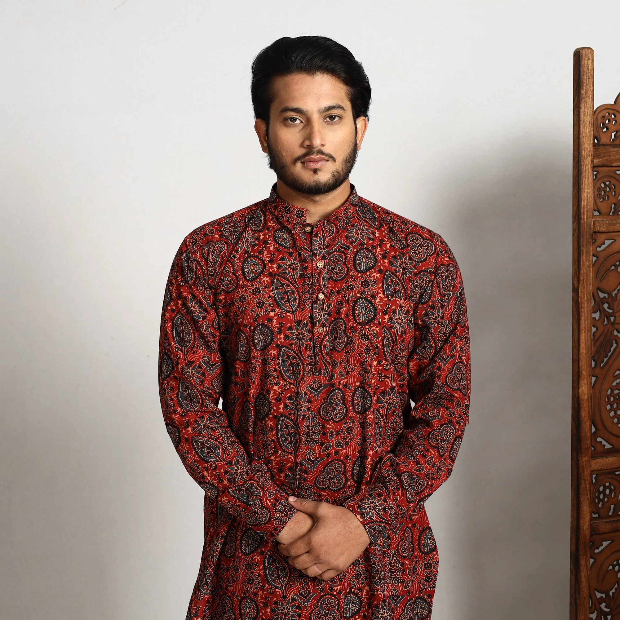 Red - Ajrakh Block Printed Cotton Men Long Kurta - Image 3