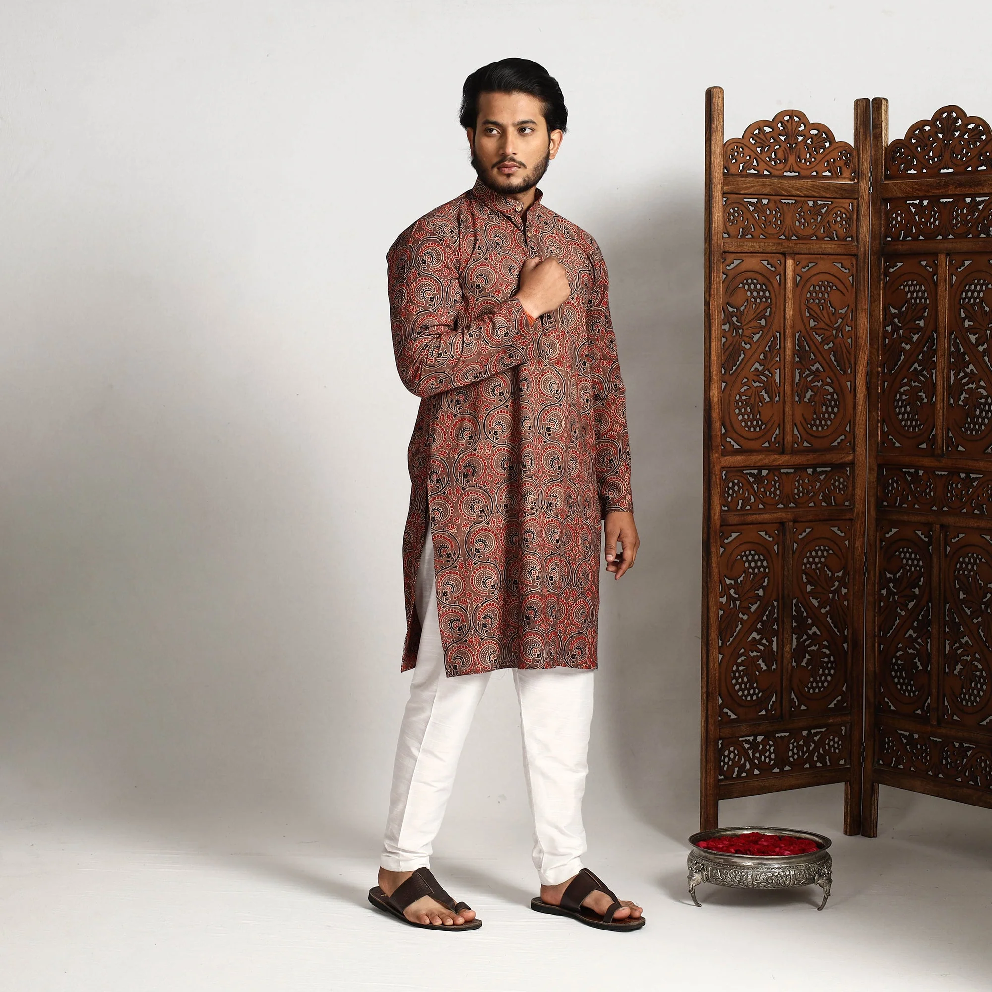 Brown - Ajrakh Block Printed Cotton Men Long Kurta - Image 2